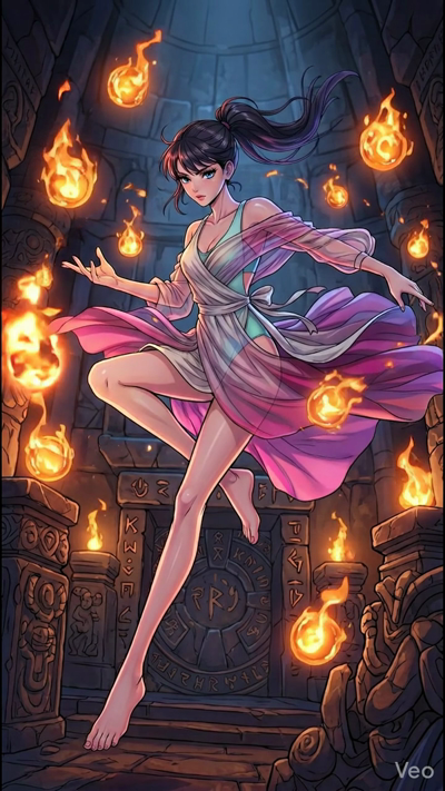 A high-quality anime-style video of the girl from the reference image. She is performing a powerful fire spell in a dark stone dungeon. Multiple glowing fireballs swirl rapidly around her as her long ponytail and thin lilac robes flutter in the heat.
