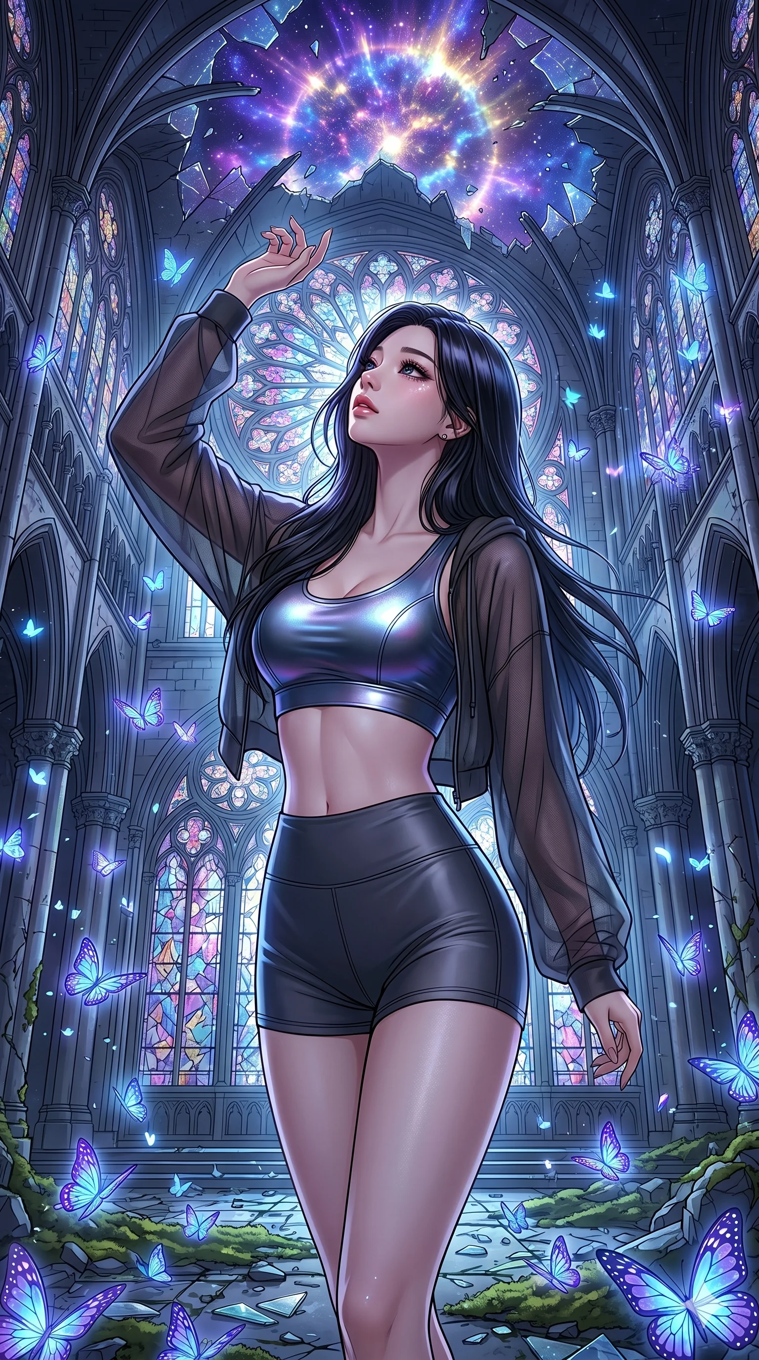 score_9, masterpiece, best quality, ultra-detailed, high-budget anime movie keyframe, cinematic anime lighting, intricate line art, Korean woman. Upper body filling screen focusing on her alluring features and slim-fit silhouette. observing a supernova in a shattered stained glass cathedral surrounded by glowing butterflies. She has an absolutely perfect 8-heads proportion, an exceptionally tall and slender female figure with an ultra-slim waist and impossibly long slender legs. sharp v-shaped jawline, high-bridge nose, intricate jewel-like eyes, thick eyelashes, glossy lips. Wearing premium athleisure set with a metallic-finish compression top, high-cut yoga shorts that accentuate her long legs, and a sheer oversized hoodie. The scene is illuminated by dramatic atmospheric lighting and vibrant color palettes. , 2k, ultra detail, master piece, 9:16 ratio