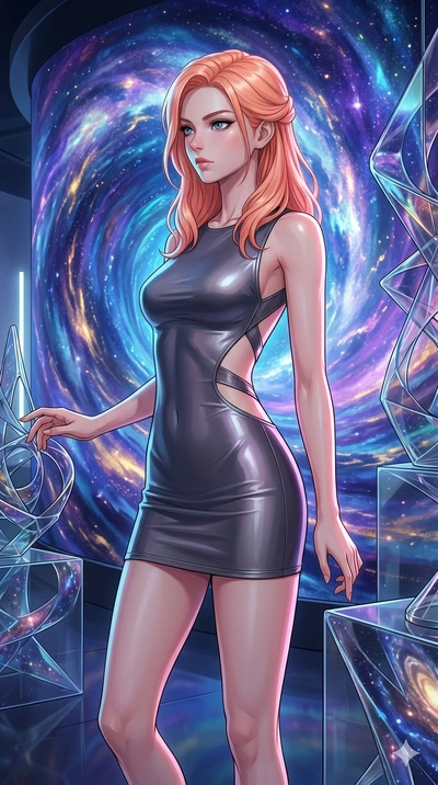 score_9, masterpiece, best quality, ultra-detailed, high-budget anime keyframe, Japanese woman. Upper body close-up from the thighs up, character filling the screen for maximum presence. She is standing in front of a giant digital painting of a cosmi