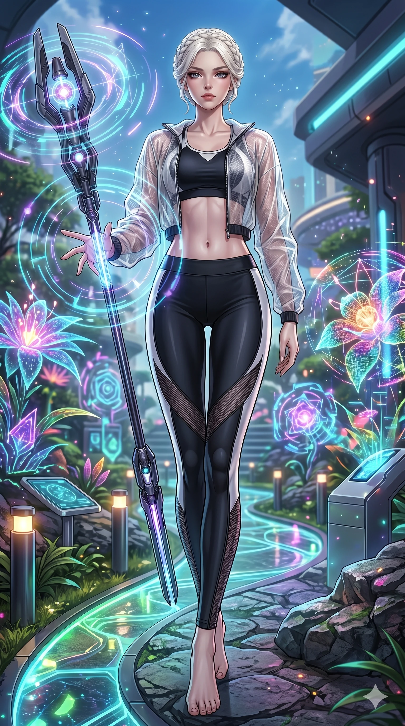 score_9, masterpiece, best quality, ultra-detailed, High-budget Anime Keyframe, beautiful Caucasian anime girl (strictly human ears). Low angle cowboy shot filling the entire 9:16 frame with her statuesque presence. Summoning a staff that creates ripples of light in the air in a futuristic garden. She has an absolutely perfect 8-heads proportion, an exceptionally tall and slender female figure with impossibly long slender legs and an ultra-slim waist. Sharp v-shaped jawline, high-bridge nose, intricate jewel-like eyes with depth, thick eyelashes, glossy lips with a natural sheen. Wearing a Premium Athleisure outfit: sleek activewear with a sheer windbreaker and exposed midriff. Background is a bright and colorful park with holographic flora and vibrant lighting effects. 2k, ultra detail, master piece, 9:16 ratio