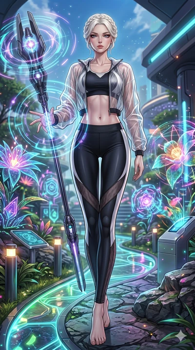 score_9, masterpiece, best quality, ultra-detailed, High-budget Anime Keyframe, beautiful Caucasian anime girl (strictly human ears). Low angle cowboy shot filling the entire 9:16 frame with her statuesque presence. Summoning a staff that creates rip