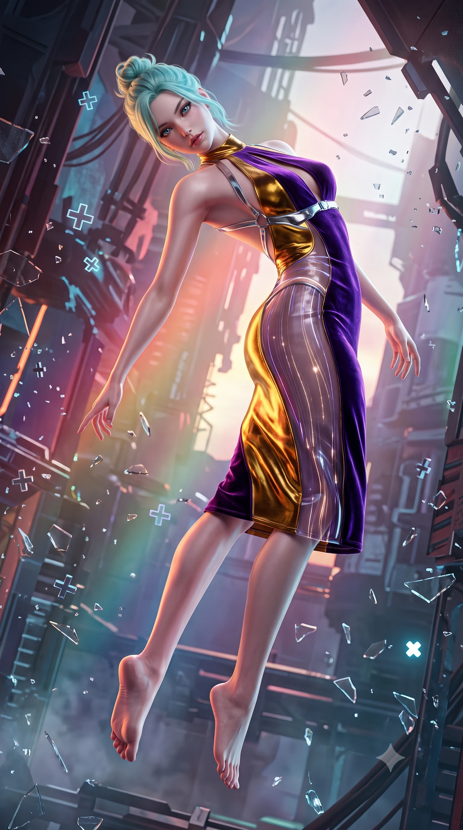 score_9, masterpiece, best quality, ultra-detailed, high-budget anime keyframe, semi-realistic 3D game render, editorial fashion photography, tasteful artistic composition, Japanese woman. low angle full-body shot from head to toe showing her feet, filling the entire 9:16 vertical frame with her statuesque presence, stretching her vertical silhouette. arching her back in a fluid zero-gravity turn with sovereign grace, her long slender legs and sculpted torso creating a sweeping line while arching her spine in a dynamic mid-air vault framed by floating digital cross symbols and glowing glass fragments. The surrounding environment is rendered in vivid detail and crisp panoramic clarity. volumetric neon light rays cutting through fog and shattered architecture rendered in panoramic precision. She has an absolutely perfect, statuesque 8.5-heads proportion, an exceptionally tall and slender model-like female figure with impossibly long slender legs and an ultra-slim waist. sharp v-shaped jawline, high-bridge nose, intricate jewel-like eyes with depth, thick eyelashes, glossy lips with a natural sheen, flawlessly proportioned anatomical accuracy, natural body alignment, perfectly sculpted elegant limbs, clean dynamic posture without body distortion. wearing a velvet halter-neck midi dress fitting her statuesque contour flawlessly with a Tasteful chest slit and open spine in lustrous molten gold and pure deep violet, tailored from semi-translucent cybernetic vinyl with glowing micro-filaments, reinforced by a sleek metallic chrome harness and delicate glowing micro-straps, the form-contouring second-skin material highlighting her ultra-slim waist and long lines. backlit by intense multi-colored neon light rays and volumetric dawn light filtering through fog. highly saturated vibrant anime colors, detailed shading with soft gradients, rich glossy textures, high-contrast stereoscopic depth, volumetric dynamic lighting, master piece, 9:16 ratio