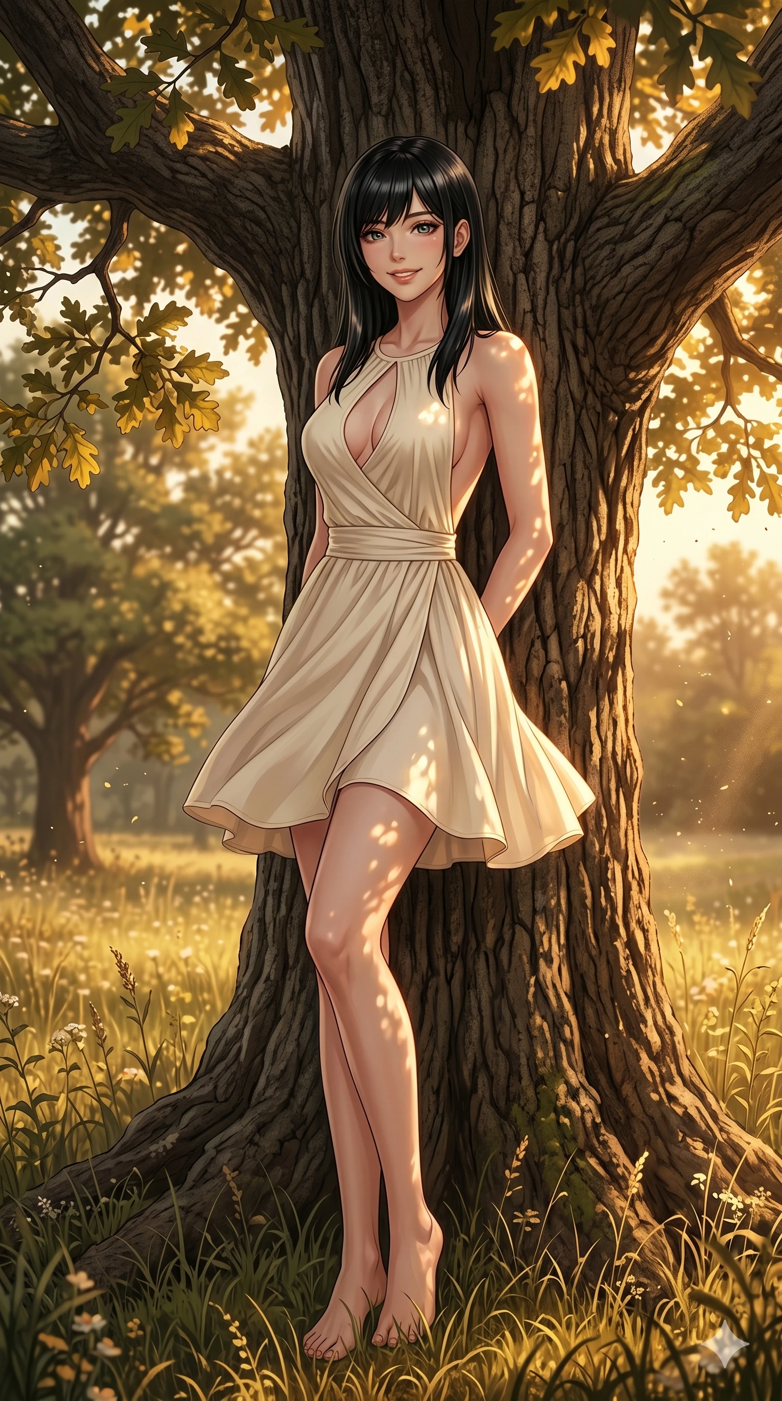 score_9, masterpiece, best quality, ultra-detailed, high-budget anime keyframe, editorial fashion photography, tasteful artistic composition, Caucasian woman, strictly human ears. cowboy shot from the thighs up, character and outfit filling the frame for maximum editorial presence. leaning against the tree trunk with a warm, peaceful smile and a relaxed expression standing under a large oak tree in a sun-drenched meadow during late afternoon. She has an absolutely perfect 8-heads proportion, an exceptionally tall and slender female figure with impossibly long slender legs and an ultra-slim waist. V-shaped jawline, high-bridge nose, intricate jewel-like eyes with depth, thick eyelashes, glossy lips with a natural sheen. wearing a cream cotton wrap dress with a tasteful keyhole cutout and bare back. bathed in warm, golden sunbeams filtering through the leaves, highlighting her silhouette. 2k, ultra detail, master piece, 9:16 ratio