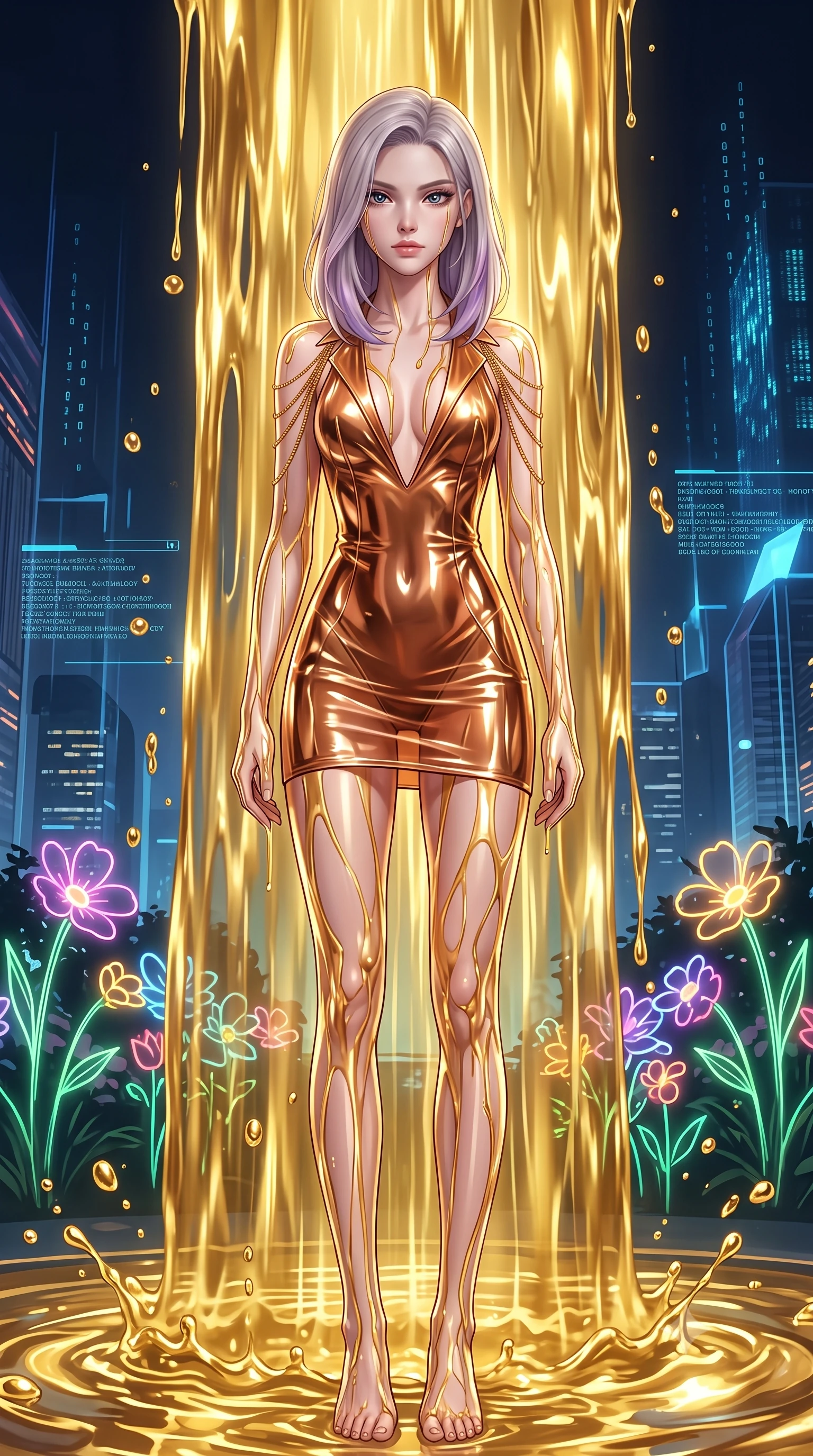 score_9, masterpiece, best quality, ultra-detailed, High-budget Anime Keyframe, Caucasian woman, strictly human ears. Low angle cowboy shot filling the entire 9:16 frame with her statuesque presence. Scenario 499: standing under a waterfall of liquid gold, the fluid coating her form, in a virtual garden where neon flowers bloom in the dark. Her presence is magnetic and overpowering in this high-budget anime scene. Outfit 499: a form-contouring metallic copper translucent PVC mini dress featuring an elegant plunging collar and fine gold chains. The clothing is designed to emphasize her exceptionally tall and slender 8-heads proportion. 8-heads proportion, towering silhouette, ultra-slim waist. sharp v-shaped jawline, intricate jewel-like eyes with depth, thick eyelashes, glossy lips. 2k, ultra detail, master piece, 9:16 ratio