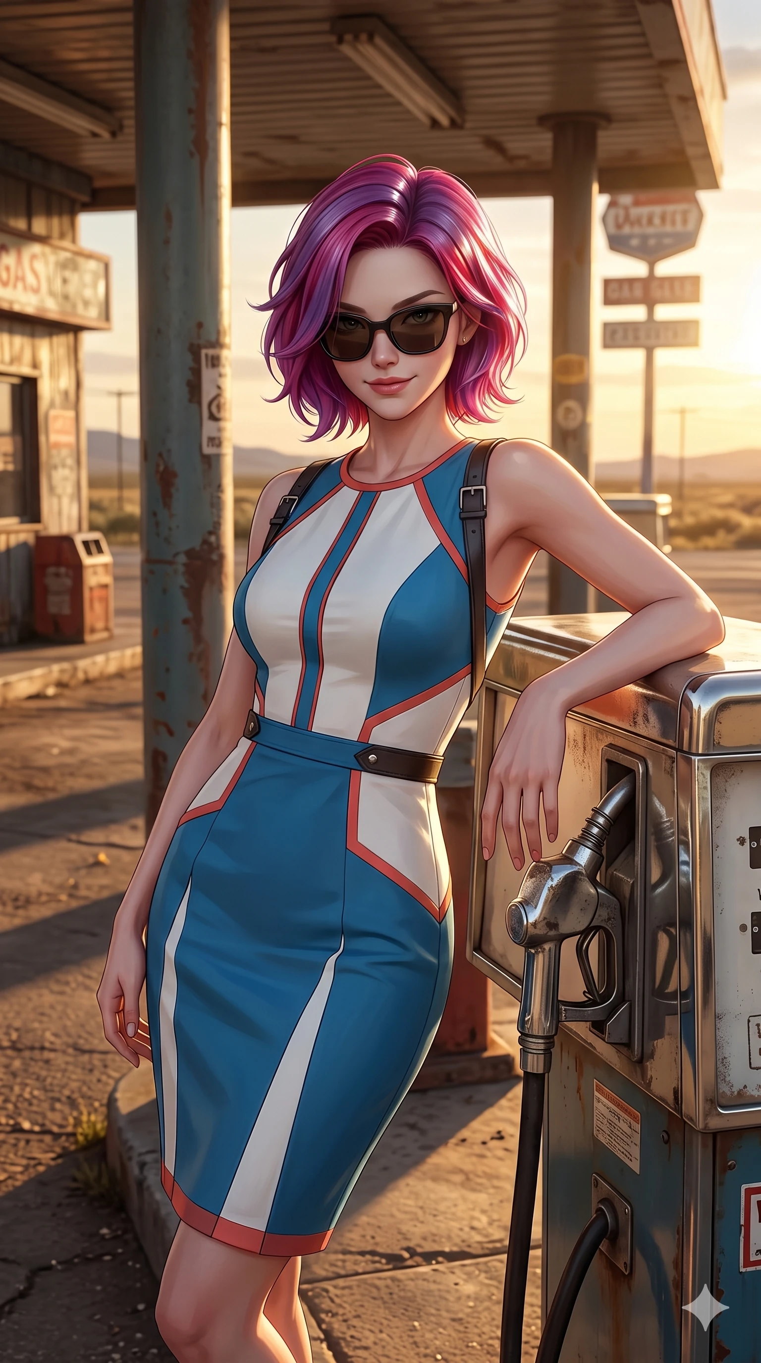 score_9, masterpiece, best quality, ultra-detailed, high-budget anime keyframe, semi-realistic 3D game render, editorial fashion photography, tasteful artistic composition, Caucasian woman. close-up cowboy shot from the waist and thighs up, the character dominates the composition, filling the frame with her large presence. leaning against the timber guardrail with hips cocked back, looking through dark sunglasses with an alluring, confident half-smile while leaning against a vintage chrome-and-glass gas pump with hips cocked back, resting one hand on the pump nozzle with effortless rebellious charisma and bedroom-eyes. The surrounding environment is rendered in vivid detail and crisp panoramic clarity: sharp weathered chrome pump dials with peeling enamel, cracked asphalt expansion seams, and peeling paint texture on canopy pillars in deep focus. She has an exceptionally elegant, slender, and willowy female figure with an ultra-slim waist, flat toned midriff, narrow ribcage, and sculpted feminine hips creating an alluring, slim hourglass silhouette without bulk. sharp v-shaped jawline, high-bridge nose, sparkling eyes with hypnotic seductive depth, thick curled eyelashes, glossy parted lips with a natural dewy peach sheen, alluring bedroom-eyes with an enchanting coquettish smile, exuding magnetic siren charisma and sophisticated glamour, flawlessly proportioned anatomical accuracy, strict slender model proportions, natural body alignment, perfectly sculpted long slender limbs, ultra-slim waistline, clean dynamic posture without body distortion. wearing a plunge-front sheer illusion tulle slip dress with distressed leather harness straps contouring her spine in Mediterranean cerulean blue and optic white with coral trims, woven from fine semi-opaque stretch illusion mesh tracing every contour of her figure, featuring fine criss-cross lace-up side ties revealing tantalizing glimpses of her hip curve, the bespoke structured tailoring following the natural line of her 8.5-heads silhouette with refined elegance. bathed in low-angled golden-hour sunlight streaming horizontally beneath the canopy with long dramatic shadows and warm lens flares. highly saturated vibrant anime colors, detailed shading with soft gradients, rich glossy textures, high-contrast stereoscopic depth, volumetric dynamic lighting, master piece, 9:16 ratio