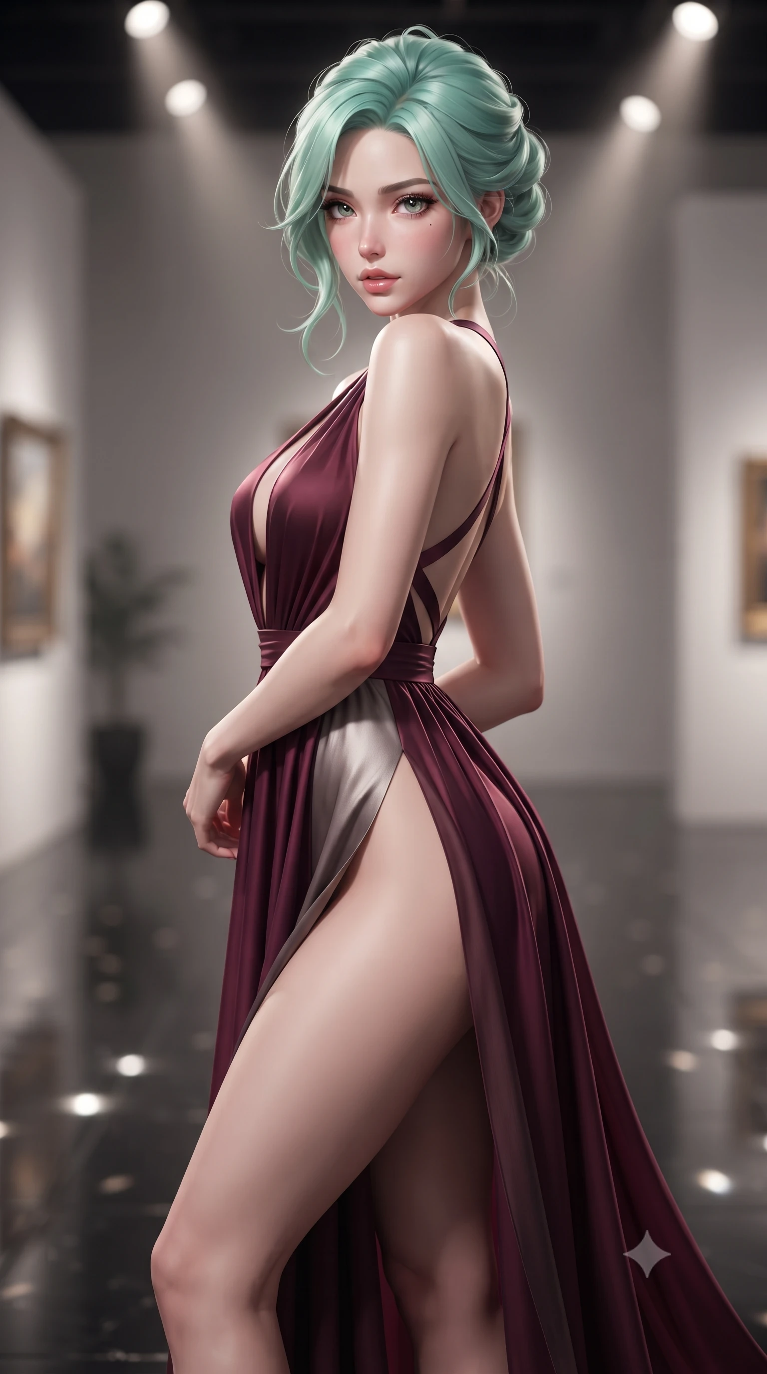 score_9, masterpiece, best quality, ultra-detailed, high-budget anime keyframe, editorial fashion photography, tasteful artistic composition, Japanese woman. close-up cowboy shot from the waist and thighs up, the character dominates the composition, filling the frame with her large presence. twisting her slender torso in a deep contrapposto stance, hips dramatically shifted to accentuate her feminine curves while looking past her shoulder with smoldering bedroom-eyes while gliding across the high-gloss black epoxy floor with sovereign elegance, glancing over a bare shoulder with parted glossy lips. The composition keeps background elements in soft focus with creamy bokeh. gallery pin-spotlight beams and reflective floor highlights scattering sleek directional light motes. She has an exceptionally elegant, slender, and willowy female figure with an ultra-slim waist, flat toned midriff, narrow ribcage, and sculpted feminine hips creating an alluring, slim hourglass silhouette without bulk. sharp v-shaped jawline, high-bridge nose, intricate jewel-like eyes with depth, thick eyelashes, glossy parted lips with a natural sheen, intensely captivating and seductive bedroom-eyes expression, flawlessly proportioned anatomical accuracy, strict slender model proportions, natural body alignment, perfectly sculpted long slender limbs, ultra-slim waistline, clean dynamic posture without body distortion. wearing a plunging-V neckline duchess satin gown with high side slits ascending to the high hip in deep wine burgundy and brushed dark platinum, woven from layered gossamer chiffon with a weightless sweeping drape, finished with criss-cross back satin straps highlighting her graceful shoulder blades, the second-skin form-contouring cut accentuating her sculpted flat midriff, narrow delicate ribcage, and gracefully curvy hips with supermodel precision. illuminated by sharp linear edge highlights defining her sculpted collarbones, ultra-slim waist, and curvy hips. ultra-reflective glossy finish, specular highlights, rich textural contrasts, high-contrast stereoscopic depth, volumetric dynamic lighting, 2k, ultra detail, master piece, 9:16 ratio
