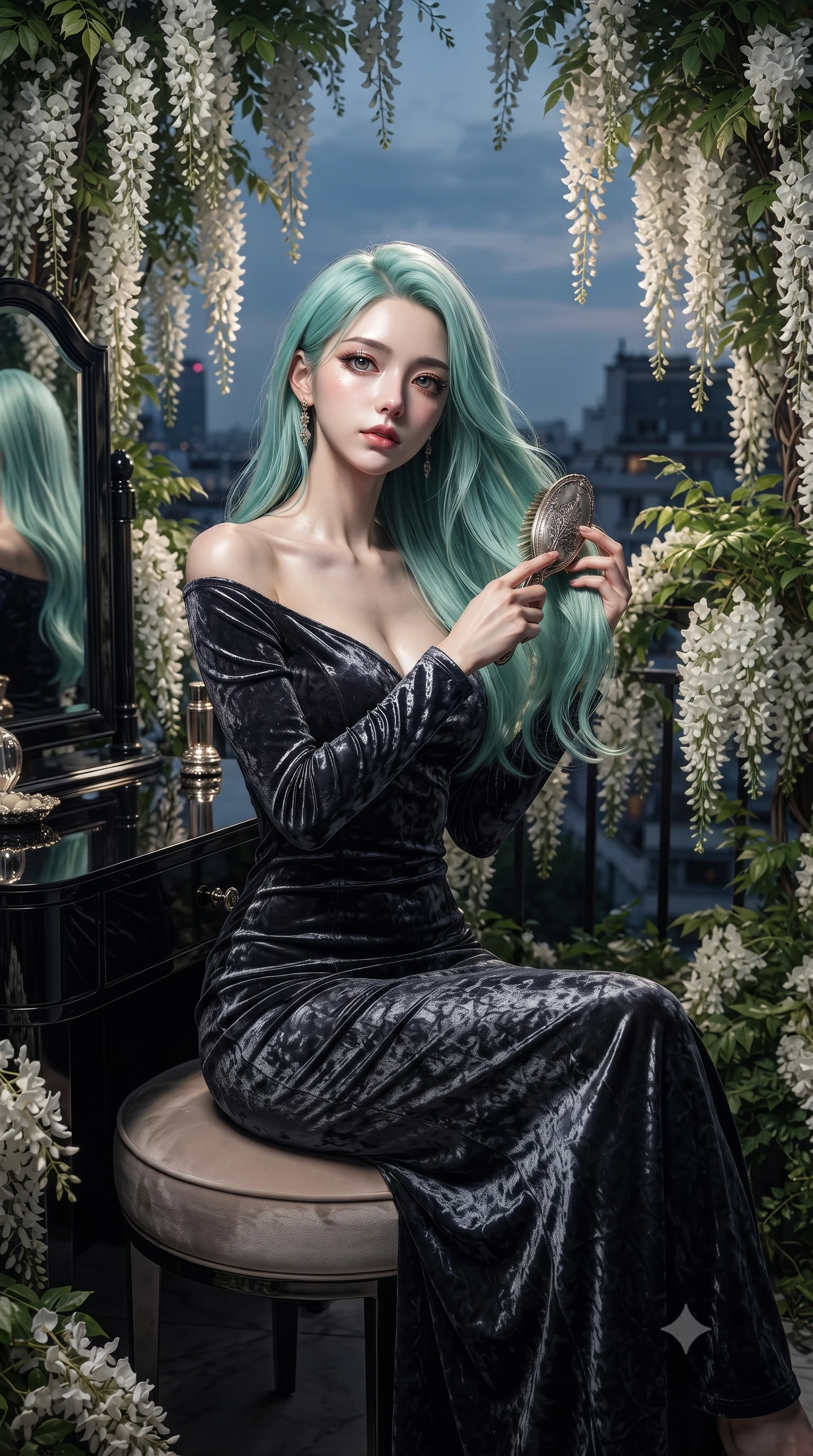 score_9, masterpiece, best quality, ultra-detailed, High-budget Anime Keyframe, editorial fashion photography, tasteful artistic composition, realistic cosplay photography, East Asian woman. Low angle cowboy shot filling the entire 9:16 frame with her statuesque presence. Scenario 258: brushing her hair while seated before a vanity of black glass in a quiet balcony surrounded by trailing white wisteria flowers. Her presence is magnetic and overpowering in this high-budget cinematic scene. Outfit 258: a slim-fit crushed dark velvet long with a low-cut shoulder and wet-look texture. The clothing is designed to emphasize her exceptionally tall and slender 8-heads proportion. 8-heads proportion, towering silhouette, ultra-slim waist. sharp v-shaped jawline, intricate jewel-like eyes with depth, thick eyelashes, glossy lips. ultra-reflective glossy finish, specular highlights, metallic sheen, high-contrast stereoscopic depth, volumetric dynamic lighting, 2k, ultra detail, master piece, 9:16 ratio