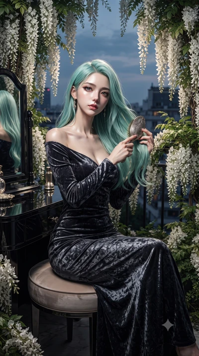 score_9, masterpiece, best quality, ultra-detailed, High-budget Anime Keyframe, editorial fashion photography, tasteful artistic composition, realistic cosplay photography, East Asian woman. Low angle cowboy shot filling the entire 9:16 frame with he