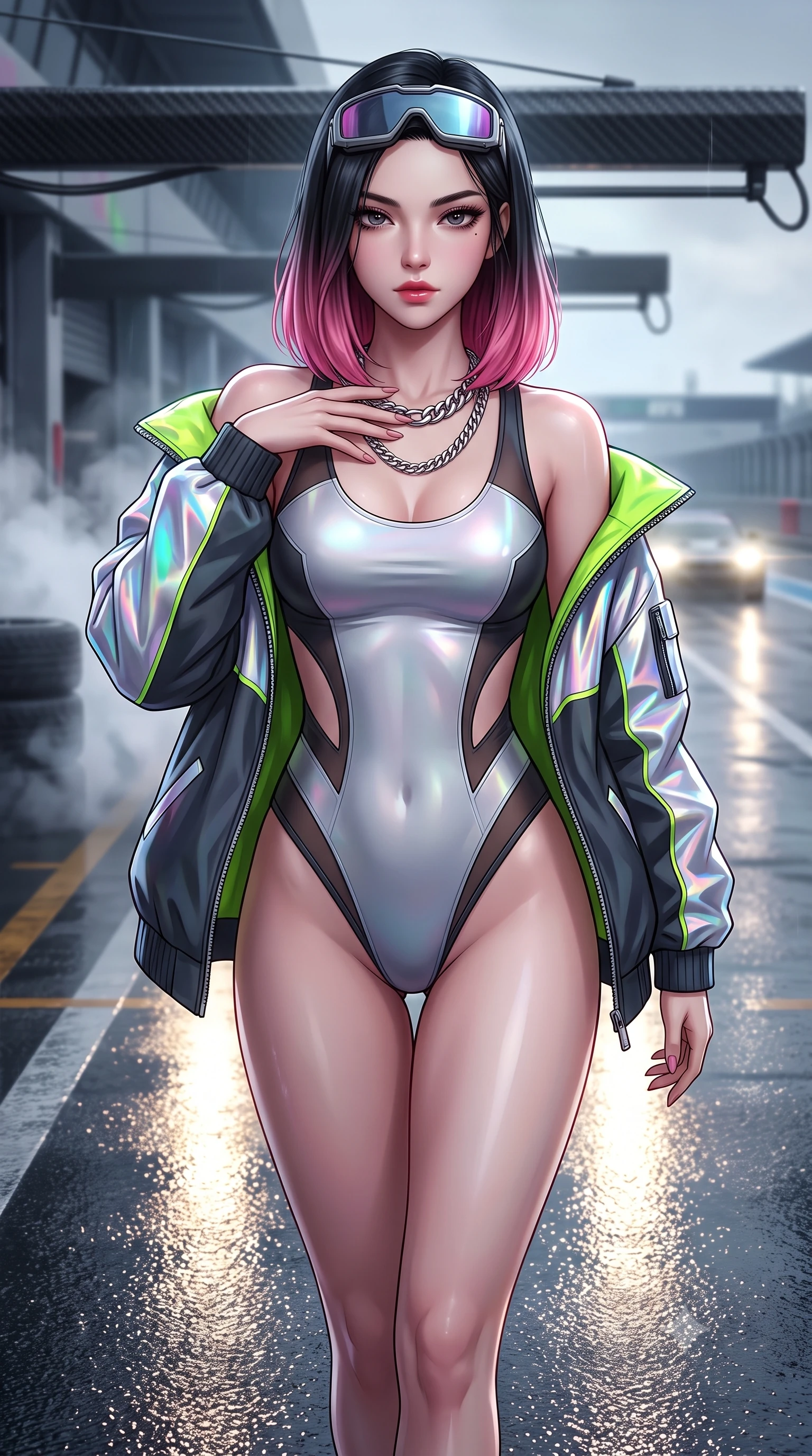 score_9, masterpiece, best quality, ultra-detailed, high-budget anime keyframe, semi-realistic 3D game render, editorial fashion photography, tasteful artistic composition, Korean woman. close-up cowboy shot from the waist and thighs up, the character dominates the composition, filling the frame with her large presence. resting one manicured hand delicately on her bare collarbone, her upper body twisting in a fluid, voluptuous yet slender curve while striding dynamically along the wet pitlane pavement as incoming headlights cast long, cinematic specular reflections. The composition keeps background elements in soft focus with creamy bokeh. drifting tire smoke sheets and carbon-fiber garage gantries softened in moody shallow focus. She has an exceptionally elegant, slender, and willowy female figure with an ultra-slim waist, a gracefully sculpted slender torso, toned flat midriff, and a refined slim silhouette. sharp v-shaped jawline, high-bridge nose, intricate jewel-like eyes with depth, thick eyelashes, glossy parted lips with a natural sheen, intensely captivating and seductive expression, flawlessly proportioned anatomical accuracy, strict slender model proportions, natural body alignment, perfectly sculpted long slender limbs, ultra-slim waistline, clean dynamic posture without body distortion. wearing a cutout cyber-racing leotard layered with an oversized neon-accented paddock bomber jacket in holographic silver prism and deep graphite, made of stretchy athletic knit with sheer mesh cutout inserts, accessorized with a chunky chrome chain necklace and cyber-visor goggles on her brow, the glove-like aerodynamic second-skin fit tightly clinging to her ultra-slender waist and athletic curves without adding bulk, accentuating her razor-sharp statuesque lines and slim hourglass silhouette. surrounded by a fierce, electrifying, and irresistibly intoxicating motorsport queen aura. highly saturated vibrant anime colors, detailed shading with soft gradients, rich glossy textures, high-contrast stereoscopic depth, volumetric dynamic lighting, master piece, 9:16 ratio