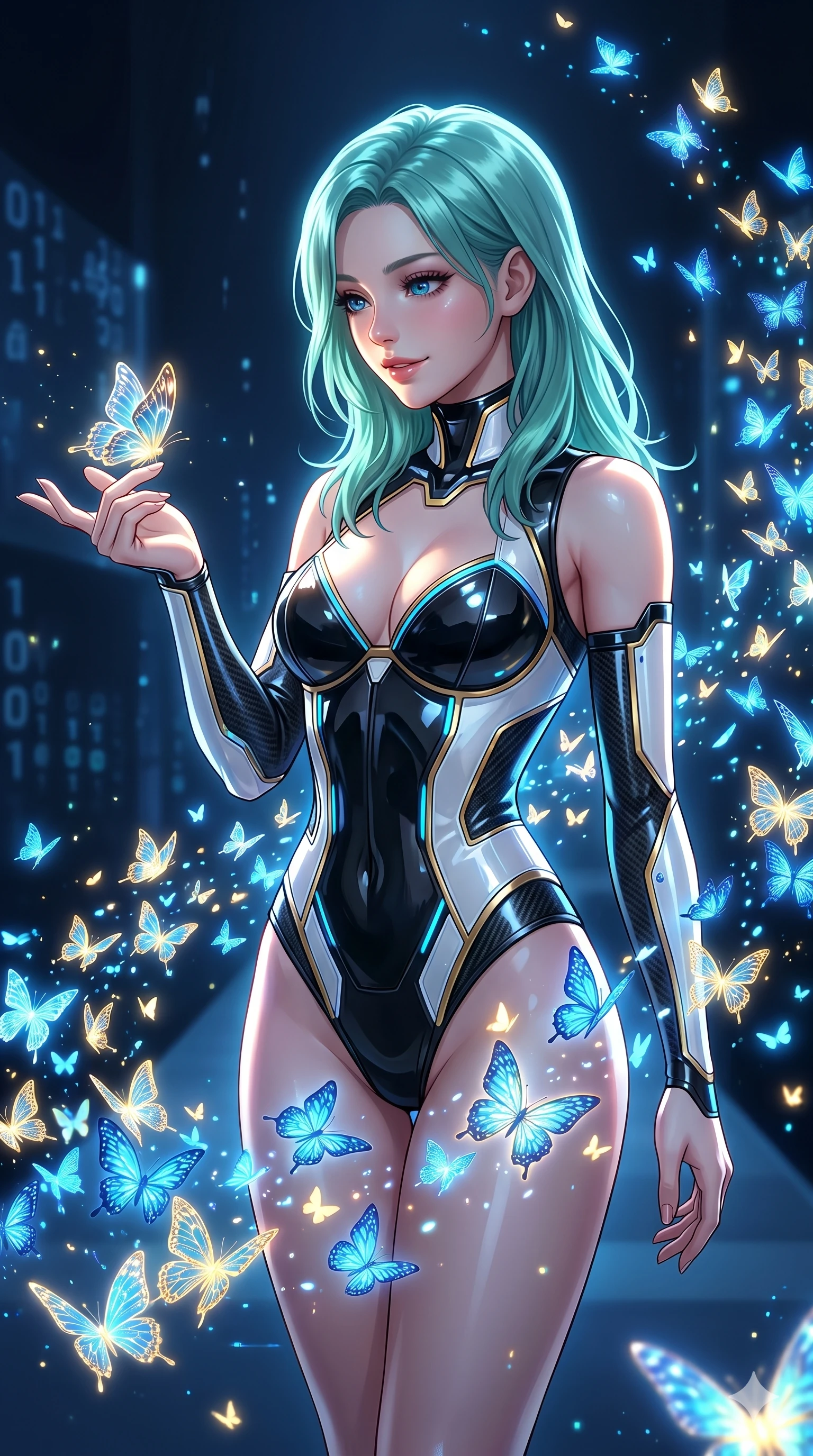 score_9, masterpiece, best quality, ultra-detailed, high-budget anime keyframe, editorial fashion photography, tasteful artistic composition, Japanese woman. Upper body close-up from the thighs up, character filling the screen for maximum presence. She is surrounded by thousands of glowing digital butterflies that orbit her body. She reaches out to let one land on her finger, looking at it with a soft, captivating smile. She has an absolutely perfect 8-heads proportion, a tall and elegant figure with a refined silhouette and a defined waistline. V-shaped jawline, high-bridge nose, intricate jewel-like eyes with depth, thick eyelashes, glossy lips with a natural sheen. She is wearing a structured cybernetic bodice in glossy vinyl panels, paired with detached sleeves and a refined V-neckline detailed with glowing piping. The scene is lit by brilliant blue and gold light from the butterflies and a sharp side key light. 2k, ultra detail, master piece, 9:16 ratio