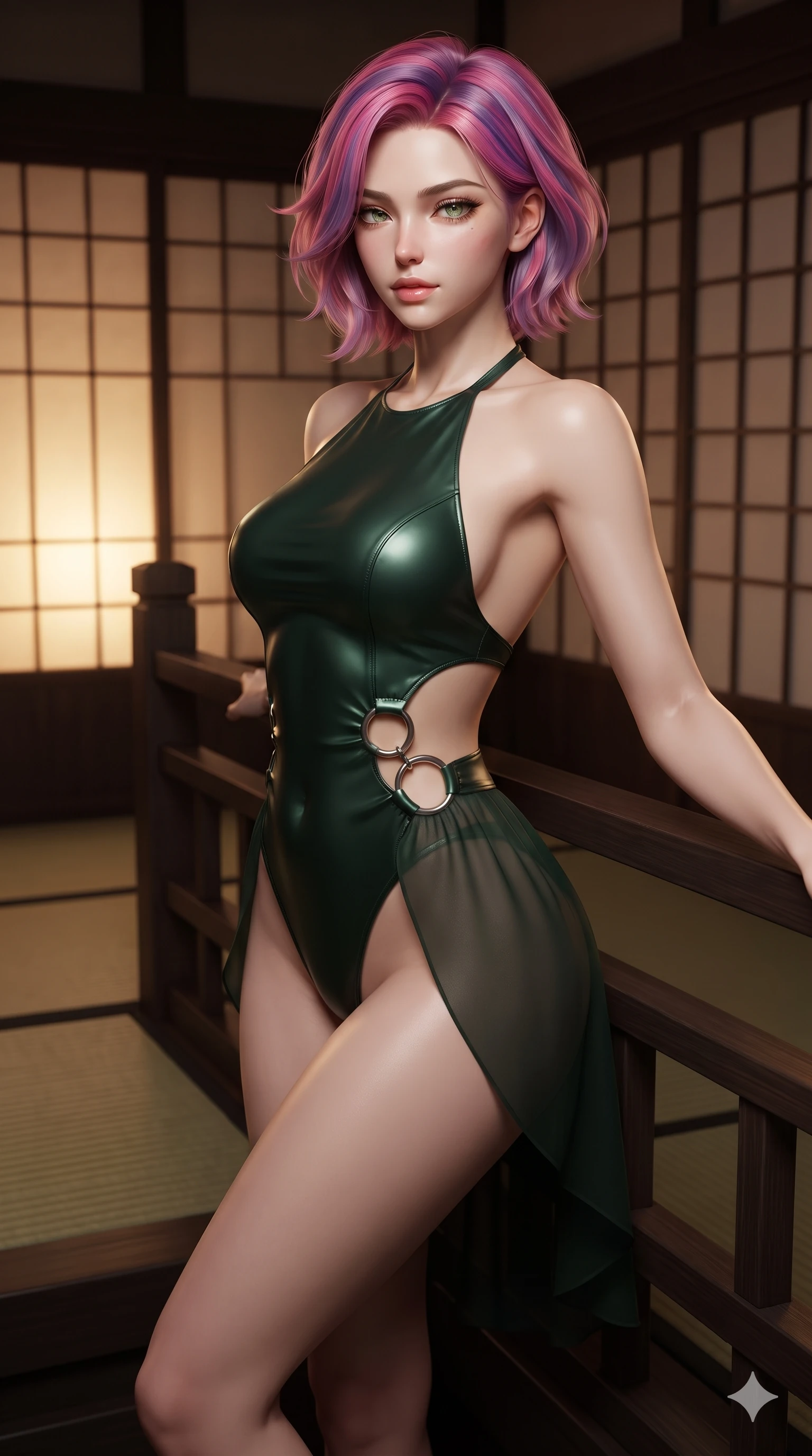 score_9, masterpiece, best quality, ultra-detailed, high-budget anime keyframe, editorial fashion photography, tasteful artistic composition, Caucasian woman. close-up cowboy shot from the waist and thighs up, the character dominates the composition, filling the frame with her large presence. leaning back against the balustrade with relaxed seductive grace, head tilted back slightly while casting a hypnotic, heavy-lidded gaze while stepping gracefully across the black tatami mats, her long slender legs and curvy hourglass hips commanding the scholar library. The surrounding environment is rendered in vivid detail and crisp panoramic clarity: detailed tailored onyx tux dress drape, fine silk lapel sheen, and traditional woodwork in razor-sharp precision. She has an exceptionally elegant, slender, and willowy female figure with an ultra-slim waist, flat toned midriff, narrow ribcage, and sculpted feminine hips creating an alluring, slim hourglass silhouette without bulk. sharp v-shaped jawline, high-bridge nose, sparkling eyes with hypnotic seductive depth, thick curled eyelashes, glossy parted lips with a natural dewy peach sheen, alluring bedroom-eyes with an enchanting coquettish smile, exuding magnetic siren charisma and sophisticated glamour, flawlessly proportioned anatomical accuracy, strict slender model proportions, natural body alignment, perfectly sculpted long slender limbs, ultra-slim waistline, clean dynamic posture without body distortion. wearing a liquid-tight backless silk halter leotard styled with a sheer wrap overskirt revealing her hip curve in dark emerald forest and brushed antique gold, made of supple butter-soft lambskin leather with a subtle satin sheen, accented with sculptural chrome hardware rings framing the subtle cutouts, the form-contouring silhouette accentuating her sculpted flat midriff, narrow delicate ribcage, and gracefully curvy hips with intoxicating allure. bathed in soft diffuse light filtering through paper shoji screens and warm oil lamp glow. ultra-reflective glossy finish, specular highlights, rich textural contrasts, high-contrast stereoscopic depth, volumetric dynamic lighting, 2k, ultra detail, master piece, 9:16 ratio
