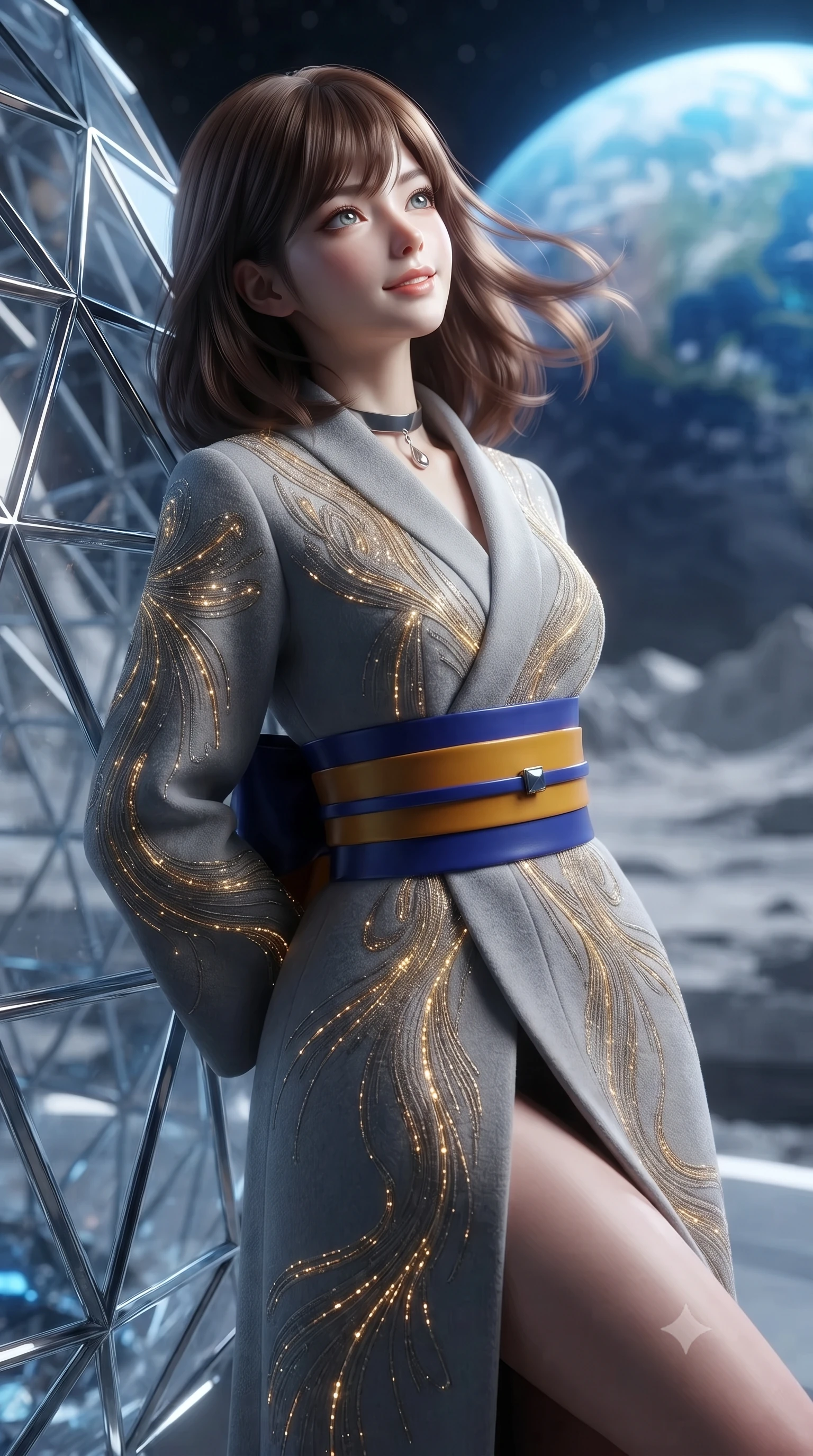 score_9, masterpiece, best quality, ultra-detailed, high-budget anime keyframe, editorial fashion photography, tasteful artistic composition, Korean woman. close-up cowboy shot from the waist and thighs up, the character dominates the composition, filling the frame with her large presence. turning slowly with an enchanting smoldering smile, her glossy hair tossing in the breeze as her hips angle gracefully in a captivating contrapposto while leaning against the faceted diamond-glass dome strut with hips cocked back, gazing up at the brilliant blue marble of Earth rising over lunar peaks with bedroom-eyes. The background shows a soft-focus interior climate mist softened in lunar crater sanctuary shallow focus. She has an exceptionally elegant, slender, and willowy female figure with an ultra-slim waist, flat toned midriff, narrow ribcage, and sculpted feminine hips creating an alluring, slim hourglass silhouette without bulk. sharp v-shaped jawline, high-bridge nose, intricate jewel-like sparkling eyes with depth, thick eyelashes, glossy parted lips with a natural peach sheen, bright cheerful beaming smile with an enchanting and coquettish sensual glint, exuding both youthful cute charm and seductive allure, flawlessly proportioned anatomical accuracy, strict slender model proportions, natural body alignment, perfectly sculpted long slender limbs, ultra-slim waistline, clean dynamic posture without body distortion. wearing an elegant high-neck cyber-kimono coat with integrated gold fiber-optic embroidery and wide obi belt in Jovian amber and electric storm cobalt, crafted from bespoke double-faced cashmere with an exceptionally soft tactile finish, finished with a minimalist chrome choker and a single teardrop diamond pendant, the impeccably tailored cut draping gracefully along her slender figure with aristocratic poise. illuminated by basalt tile reflection bounce and sharp Earth-blue rim lights sculpting her jawline, narrow waist, and curvy hips. ultra-reflective glossy finish, specular highlights, rich textural contrasts, high-contrast stereoscopic depth, volumetric dynamic lighting, 2k, ultra detail, master piece, 9:16 ratio