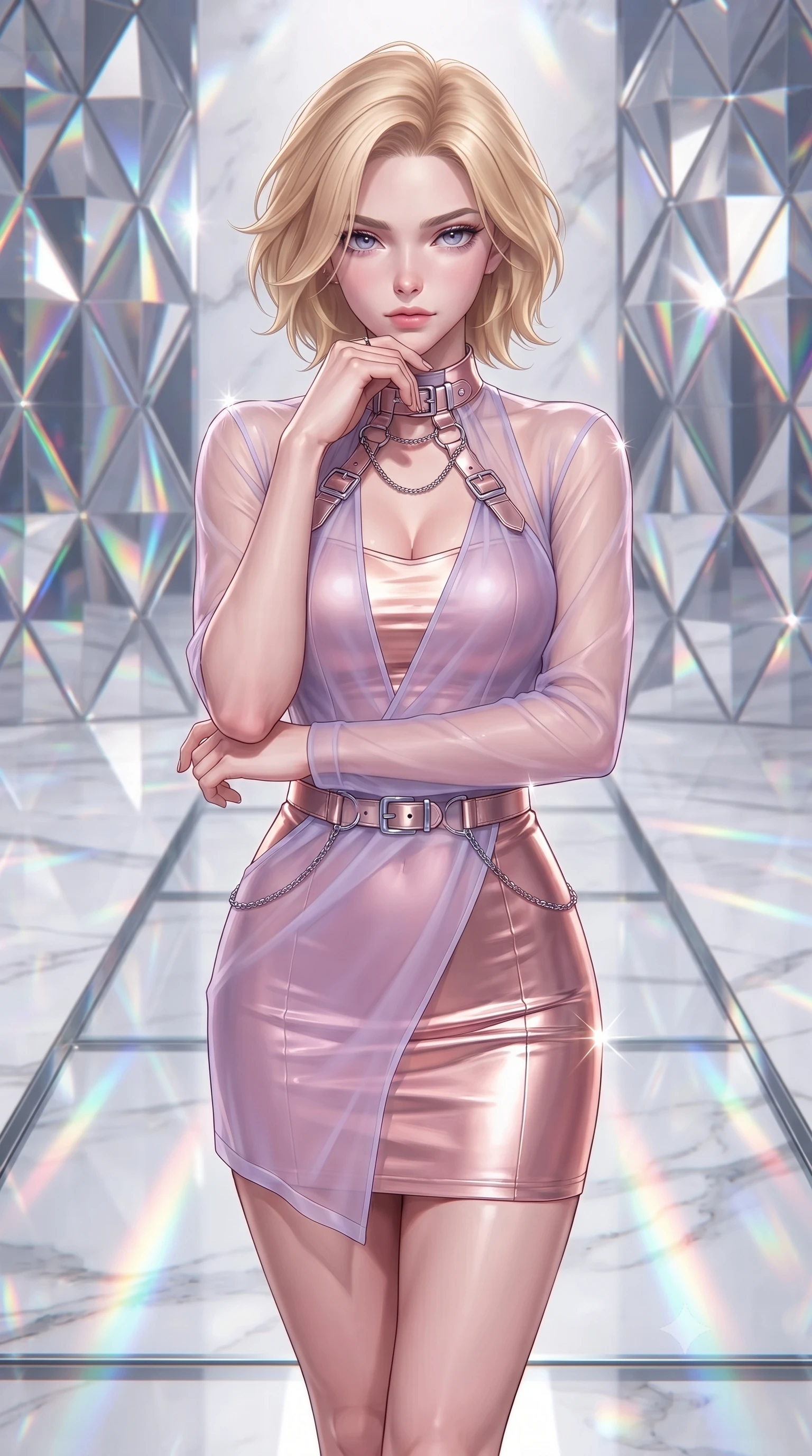 score_9, masterpiece, best quality, ultra-detailed, high-budget anime keyframe, editorial fashion photography, tasteful artistic composition, Caucasian woman. close-up cowboy shot from the waist and thighs up, the character dominates the composition, filling the frame with her large presence, background elements kept in soft focus. Resting her chin on the backs of her fingers with an air of effortless superiority, walking across a polished glass runway surrounded by rotating diamond facet walls, prismatic color trails shifting across white marble floors. She has an exceptionally elegant, slender, and willowy female figure with an ultra-slim waist, a gracefully sculpted slender torso, and a refined silhouette. sharp v-shaped jawline, high-bridge nose, intricate jewel-like eyes with depth, thick eyelashes, glossy lips with a natural sheen. wearing aerodynamic second-skin rose-gold metallic bodycon dress in pastel lavender violet, made of sheer opal chiffon overlay, framed by polished silver buckles and delicate chain details, accentuating her gracefully sculpted slender torso. bathed in intense specular highlights against bright white glass reflections. highly saturated vibrant anime colors, detailed shading with soft gradients, rich glossy textures, high-contrast stereoscopic depth, volumetric dynamic lighting, master piece, 9:16 ratio