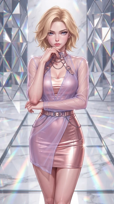 score_9, masterpiece, best quality, ultra-detailed, high-budget anime keyframe, editorial fashion photography, tasteful artistic composition, Caucasian woman. close-up cowboy shot from the waist and thighs up, the character dominates the composition,
