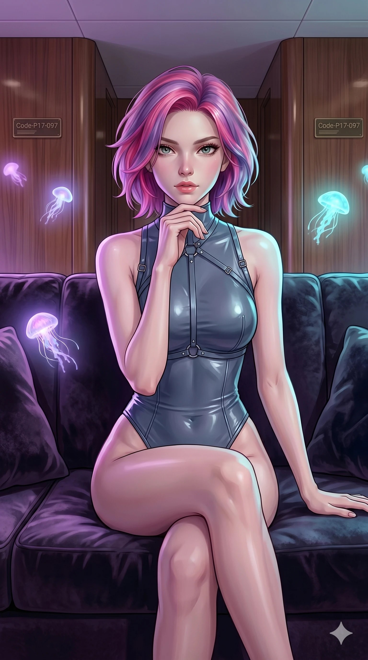 score_9, masterpiece, best quality, ultra-detailed, high-budget anime keyframe, editorial fashion photography, tasteful artistic composition, Caucasian woman, strictly human ears. cowboy shot from the thighs up, character and outfit filling the frame for maximum editorial presence. sitting on a velvet sofa, resting her chin on her fingers, looking directly into the lens inside a luxury yacht cabin room (Code-P17-097). She has an absolutely perfect 8-heads proportion, an exceptionally tall and slender female figure with impossibly long slender legs and an ultra-slim waist. V-shaped jawline, high-bridge nose, intricate jewel-like eyes with depth, thick eyelashes, glossy lips with a natural sheen. wearing a wet-look bodysuit with high-cut lines and an elegant harness. soft purple and cyan light from the floating organisms, casting a magical aura on her. 2k, ultra detail, master piece, 9:16 ratio