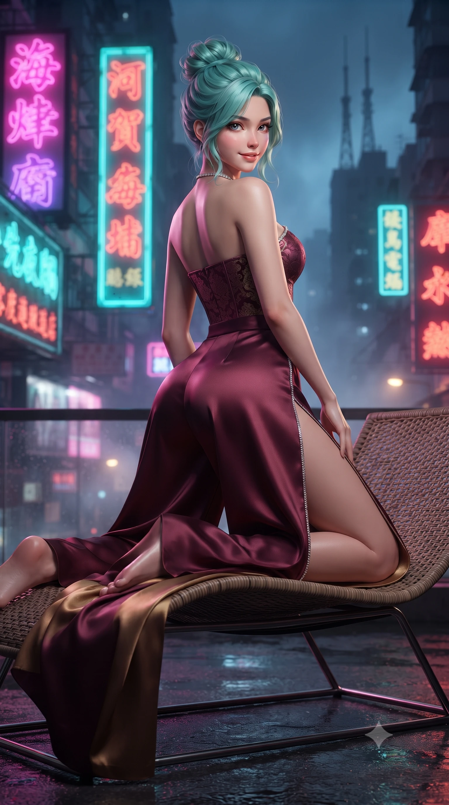 score_9, masterpiece, best quality, ultra-detailed, high-budget anime keyframe, editorial fashion photography, tasteful artistic composition, Japanese woman. close-up cowboy shot from the waist and thighs up, the character dominates the composition, filling the frame with her large presence. posing in an alluring rear three-quarter angle, turning over a bare shoulder with an intoxicating gaze, her hips cocked back to highlight her slim hourglass curve while lounging in a modernist low rattan lounge with legs extended, her high-slit modern fusion gown glowing under colossal skyscraper billboards. The background shows a soft-focus drifting urban mist and silhouetted high-rise antenna spires softened in iconic Hong Kong noir shallow focus. She has an exceptionally elegant, slender, and willowy female figure with an ultra-slim waist, flat toned midriff, narrow ribcage, and sculpted feminine hips creating an alluring, slim hourglass silhouette without bulk. sharp v-shaped jawline, high-bridge nose, intricate jewel-like dark sparkling almond eyes with depth, thick lashes, glossy parted lips with a natural rose-plum sheen, bright alluring and coquettish smile with bedroom-eyes, exuding both timeless oriental elegance and sovereign high-fashion allure, flawlessly proportioned anatomical accuracy, strict slender model proportions, natural body alignment, perfectly sculpted long slender limbs, ultra-slim waistline, clean dynamic posture without body distortion. wearing a strapless structured silk brocade bustier top paired with flowing wide-leg satin palazzo trousers cinched at the waist in deep wine burgundy and brushed antique gold, tailored from sheer gossamer silk organza with an airy weightless flutter, finished with subtle crystal rhinestones tracing the elegant neckline, the precision-cut side hip slits and low-back scoop framing her graceful spine and the sensual sweep of her slim, toned hips. bathed in intense, high-contrast neon magenta and electric turquoise underlights bouncing off wet surfaces. ultra-reflective glossy finish, specular highlights, rich textural contrasts, high-contrast stereoscopic depth, volumetric dynamic lighting, 2k, ultra detail, master piece, 9:16 ratio