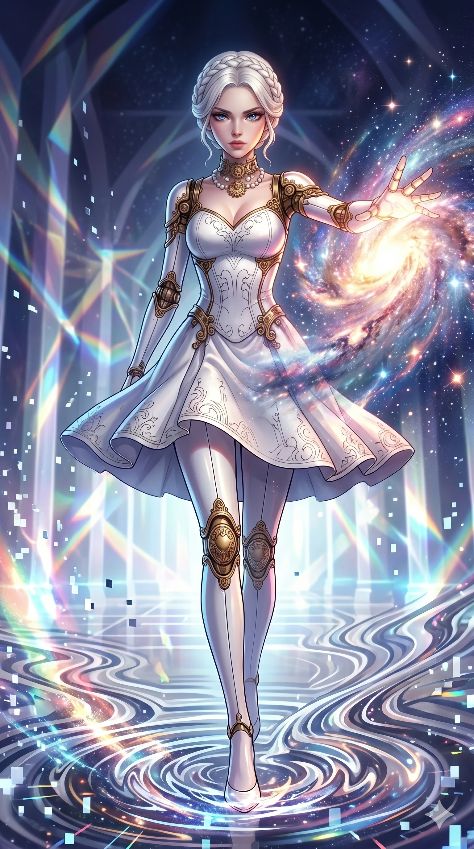 score_9, masterpiece, best quality, ultra-detailed, Set A: High-budget Anime Keyframe, Caucasian (human ears) woman. Low angle cowboy shot filling the entire 9:16 frame with her statuesque presence. Theme: Abstract Cosmic. unleashing a massive energy wave in a temple made of solid light, as she steps on ripples of time that distort the space 241. The atmosphere is filled with a blizzard of digital pixels. She has an absolutely perfect 8-heads proportion, an exceptionally tall and slender female figure with impossibly long slender legs and an ultra-slim waist. Sharp v-shaped jawline, high-bridge nose, intricate jewel-like eyes with depth, glossy lips. Wearing Mechanical doll outfit with visible brass joints and a delicate porcelain-white dress. Cinematic lighting, vivid colors, dramatic shadows, 2k, ultra detail, master piece, 9:16 ratio