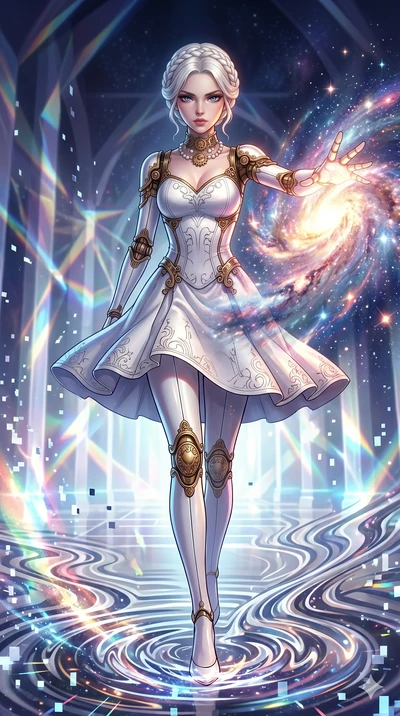 score_9, masterpiece, best quality, ultra-detailed, Set A: High-budget Anime Keyframe, Caucasian (human ears) woman. Low angle cowboy shot filling the entire 9:16 frame with her statuesque presence. Theme: Abstract Cosmic. unleashing a massive energy