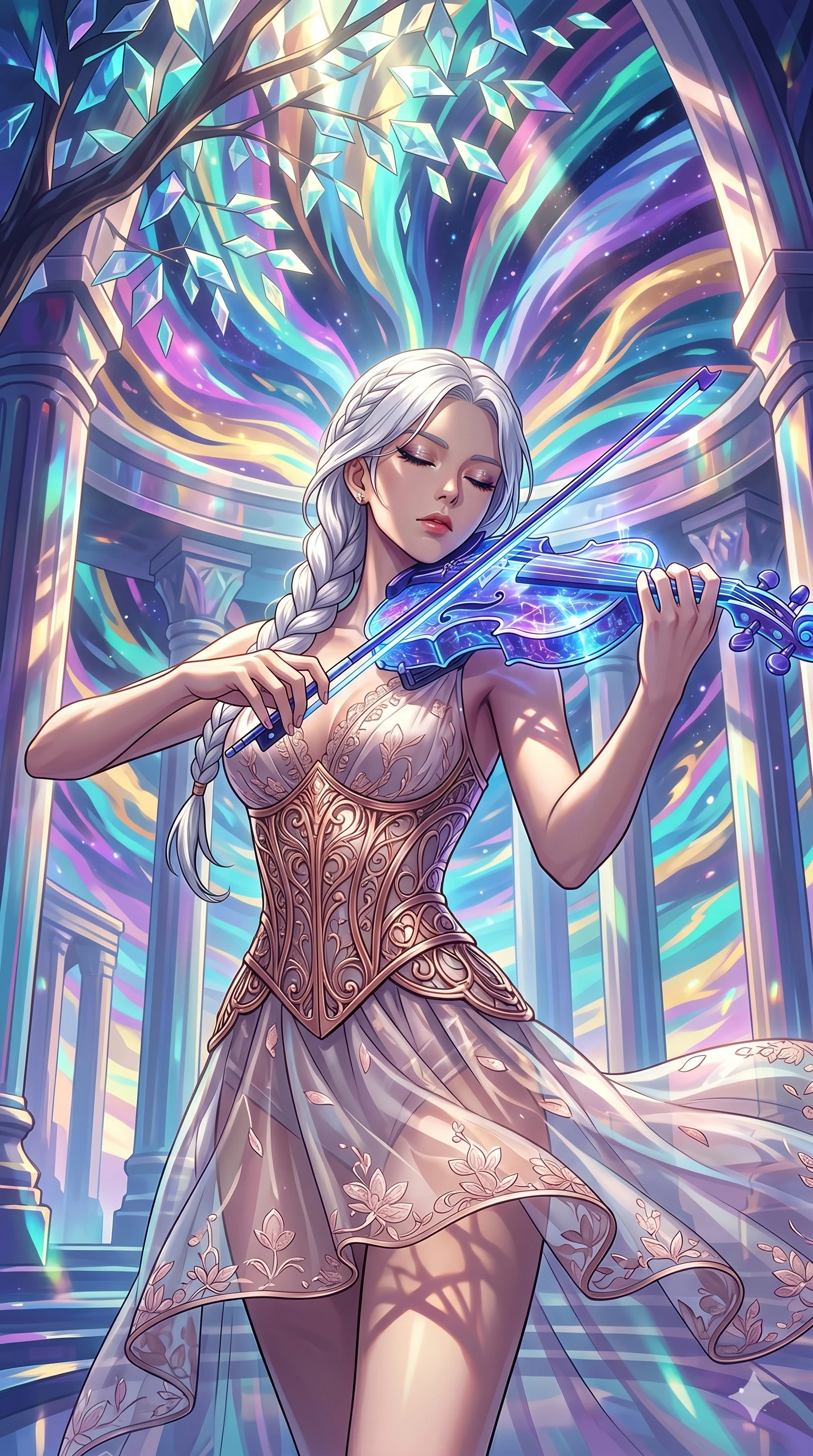 score_9, masterpiece, best quality, ultra-detailed, Set A: High-budget Anime Keyframe, Korean woman. Upper body close-up from the thighs up, character filling the screen for maximum presence. Theme: Abstract Cosmic. playing a holographic violin in a temple made of solid light, with a look of serene power as the sky splits into 48 colors. The atmosphere is filled with cinematic sunlight through leaves. She has an absolutely perfect 8-heads proportion, an exceptionally tall and slender female figure with impossibly long slender legs and an ultra-slim waist. Sharp v-shaped jawline, high-bridge nose, intricate jewel-like eyes with depth, glossy lips. Wearing Rose-gold metallic corset over a sheer petal-patterned silk dress. Cinematic lighting, vivid colors, dramatic shadows, 2k, ultra detail, master piece, 9:16 ratio