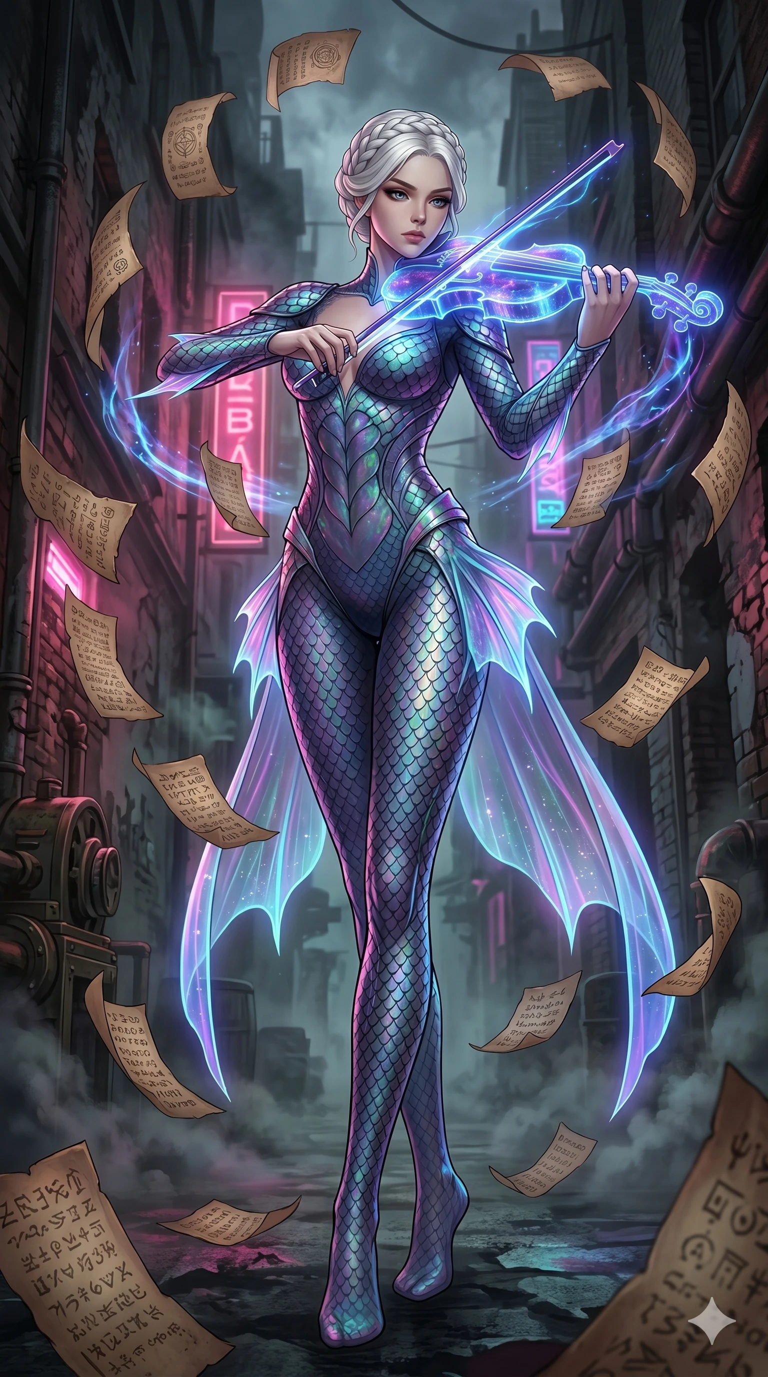 score_9, masterpiece, best quality, ultra-detailed, Set A: High-budget Anime Keyframe, Korean woman. Low angle cowboy shot filling the entire 9:16 frame with her statuesque presence. Theme: Urban Decay. playing a holographic violin in a steampunk London alleyway, surrounded by a whirlwind of 63 floating ancient scrolls. The atmosphere is filled with heavy smog with neon flares. She has an absolutely perfect 8-heads proportion, an exceptionally tall and slender female figure with impossibly long slender legs and an ultra-slim waist. Sharp v-shaped jawline, high-bridge nose, intricate jewel-like eyes with depth, glossy lips. Wearing Deep-sea siren bodysuit with iridescent scales and glowing translucent fins. Cinematic lighting, vivid colors, dramatic shadows, 2k, ultra detail, master piece, 9:16 ratio
