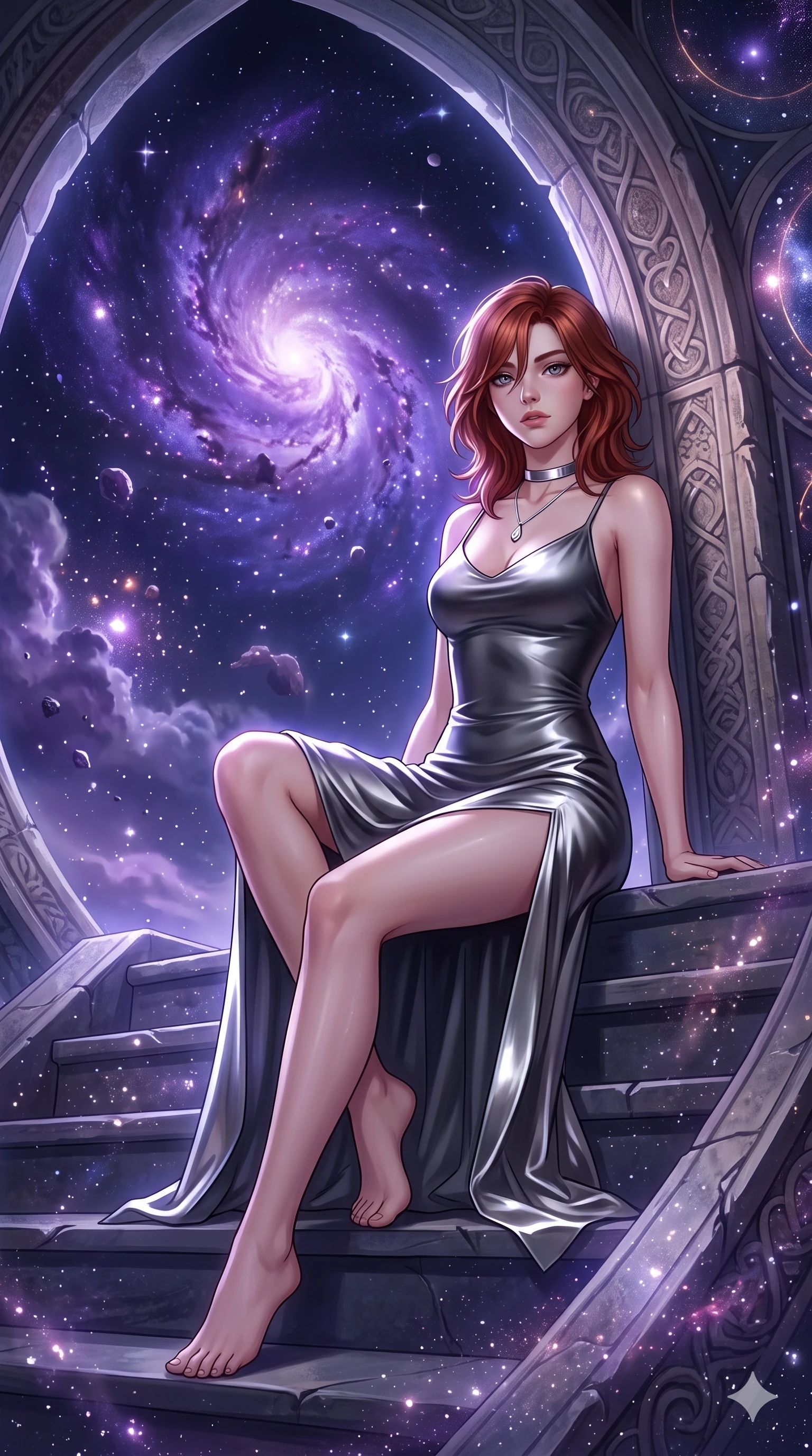 score_9, masterpiece, best quality, ultra-detailed, high-budget anime keyframe, semi-realistic 3D game render, editorial fashion photography, tasteful artistic composition, Korean woman. low angle full-body shot from head to toe showing her feet, filling the entire 9:16 vertical frame with her statuesque presence, stretching her vertical silhouette. sitting poised on the stone steps with one knee bent, arching her spine with supermodel elegance as she glances upward through thick eyelashes while leaning against the celestial meridian arch with hips cocked back, looking through floating zodiac dust into the purple galactic core with smoldering bedroom-eyes. The surrounding environment is rendered in vivid detail and crisp panoramic clarity: detailed anime keyframe lines, rich fabric textures, and colossal cosmic fantasy architecture in razor-sharp precision. She has an exceptionally tall and slender model-like 8.5-heads proportion, an ultra-slim waist, a flat toned midriff, narrow delicate ribcage, and beautifully sculpted feminine hips creating a graceful, slim hourglass silhouette without any bulky heaviness, with impossibly long slender legs. sharp v-shaped jawline, high-bridge nose, intricate jewel-like sparkling eyes with depth, thick eyelashes, glossy parted lips with a natural peach sheen, bright cheerful beaming smile with an enchanting and coquettish sensual glint, exuding both youthful cute charm and seductive allure, flawlessly proportioned anatomical accuracy, strict slender model proportions, natural body alignment, perfectly sculpted long slender limbs, ultra-slim waistline, clean dynamic posture without body distortion. wearing a form-contouring gossamer silk chiffon slip dress with a hip-high slit and open cowl back clinging with dewy moisture in charcoal grey and polished chrome, crafted from bespoke double-faced cashmere with an exceptionally soft tactile finish, finished with a minimalist chrome choker and a single teardrop diamond pendant, the precision-cut side openings and low-back scoop framing her graceful spine and the sensual sweep of her slim, toned hips. bathed in the glowing multi-hued radiance of the spiral nebula mixed with crisp white celestial starlight. highly saturated vibrant anime colors, detailed shading with soft gradients, rich glossy textures, high-contrast stereoscopic depth, volumetric dynamic lighting, master piece, 9:16 ratio