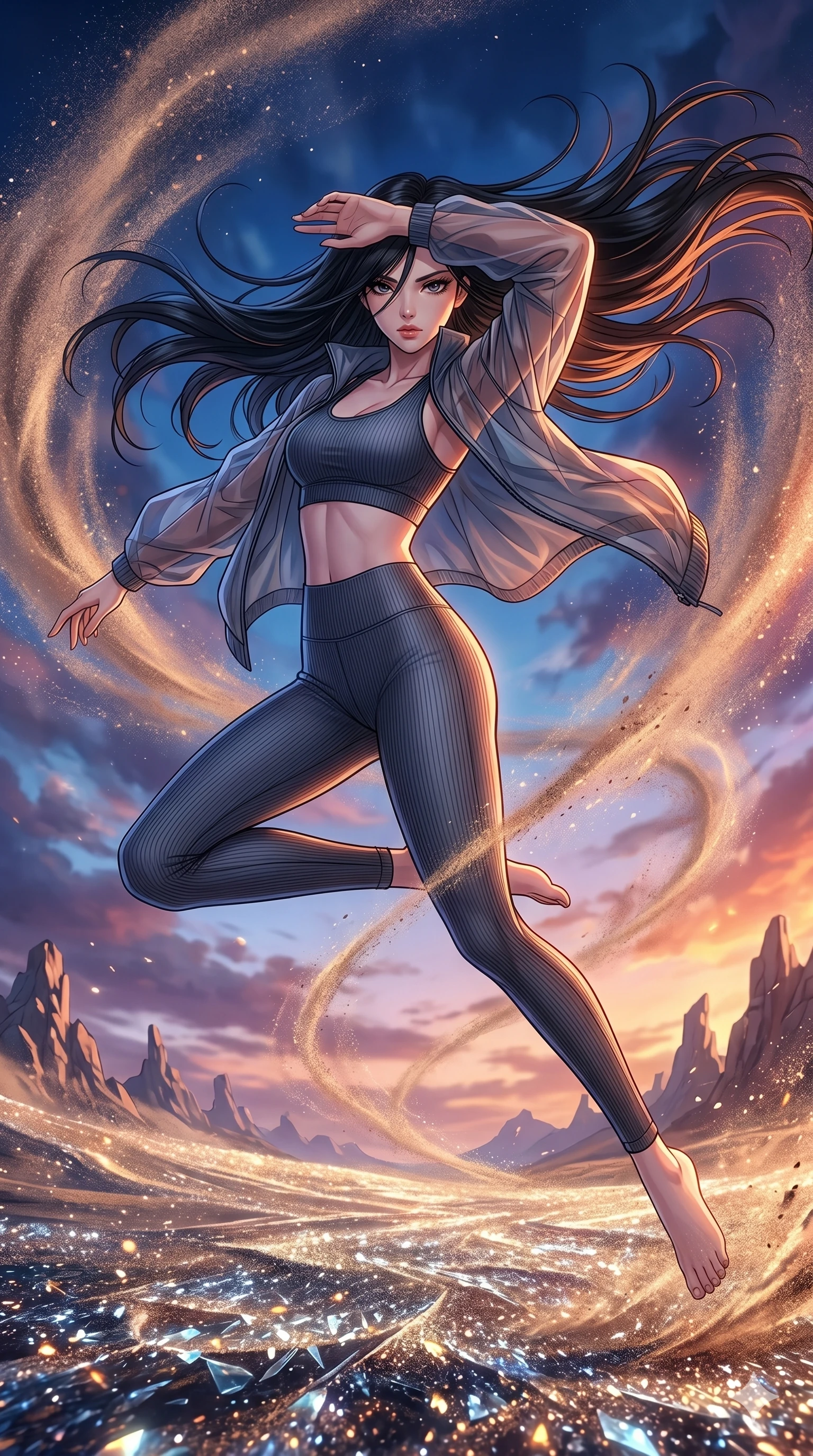 score_9, masterpiece, best quality, ultra-detailed, high-budget anime movie keyframe, cinematic anime lighting, intricate line art, Japanese woman. Mid-air action shot capturing a graceful twist and vertical silhouette. shielding her face from a sandstorm in a desert of ground glass. She has an absolutely perfect 8-heads proportion, an exceptionally tall and slender female figure with an ultra-slim waist and impossibly long slender legs. strictly human anatomy, two legs only, no extra limbs, clearly defined legs and arms, perfect anatomy, perfect hands and fingers. sharp v-shaped jawline, high-bridge nose, intricate jewel-like eyes, thick eyelashes, glossy lips. Wearing Premium Athleisure: Ribbed sports bra and leggings set, sheer windbreaker, and sleek high-performance activewear. The scene is illuminated by dramatic atmospheric lighting and vibrant color palettes. , 2k, ultra detail, master piece, 9:16 ratio
