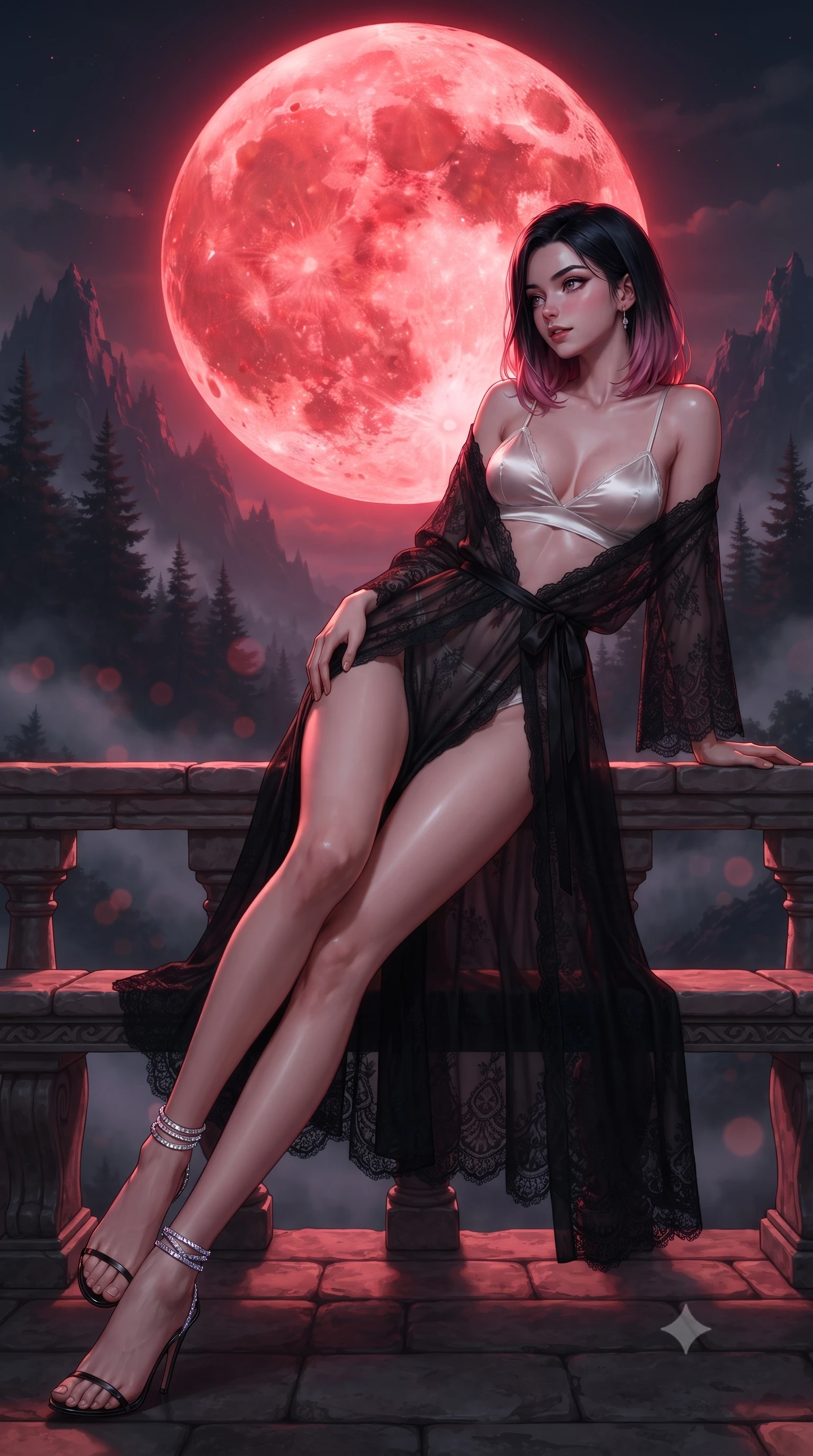 score_9, masterpiece, best quality, ultra-detailed, high-budget anime keyframe, editorial fashion photography, tasteful artistic composition, Korean woman. low angle full-body shot from head to toe showing her feet, filling the entire 9:16 vertical frame with her statuesque presence, stretching her vertical silhouette. executing a slow, graceful pivot turn as her skirt sways around her slender legs, glancing back with an enchanting, teasing sensual expression while lounging on the stone balcony bench propped on one elbow, her flat midriff and statuesque 8.5-heads build commanding the nocturnal abyss. The background shows a soft-focus the colossal glowing crimson blood moon, jagged pine-covered mountain peaks, and swirling valley fog blurred into blood-orange, charcoal, and violet bokeh. She has an absolutely perfect, statuesque 8.5-heads proportion, an exceptionally tall and slender model-like female figure with impossibly long slender legs, an ultra-slim waist, a flat toned midriff, narrow delicate ribcage, and beautifully sculpted feminine hips creating a graceful, slim hourglass silhouette without any bulky heaviness. sharp v-shaped jawline, high-bridge nose, sparkling eyes with hypnotic seductive depth, thick curled eyelashes, glossy parted lips with a natural dewy peach sheen, alluring bedroom-eyes with an enchanting coquettish smile, exuding magnetic siren charisma and sophisticated glamour, flawlessly proportioned anatomical accuracy, strict slender model proportions, natural body alignment, perfectly sculpted long slender limbs, ultra-slim waistline, clean dynamic posture without body distortion. wearing a delicate semi-sheer black Chantilly lace boudoir robe worn loose and slipping off bare shoulders over a matching satin bralette in pure pearl alabaster with liquid platinum sheen, crafted from fluid liquid silk satin that clings smoothly to every curve with a dewy sheen, complemented by strappy stiletto sandals with crystal ankle wraps accentuating her slender calves, the high-slit wrap tailoring accentuating her ultra-slim waistline and the enchanting curve of her feminine hips with alluring seductive charm. bathed in otherworldly crimson lunar illumination cascading directly from the giant blood moon. ultra-reflective glossy finish, specular highlights, rich textural contrasts, high-contrast stereoscopic depth, volumetric dynamic lighting, 2k, ultra detail, master piece, 9:16 ratio
