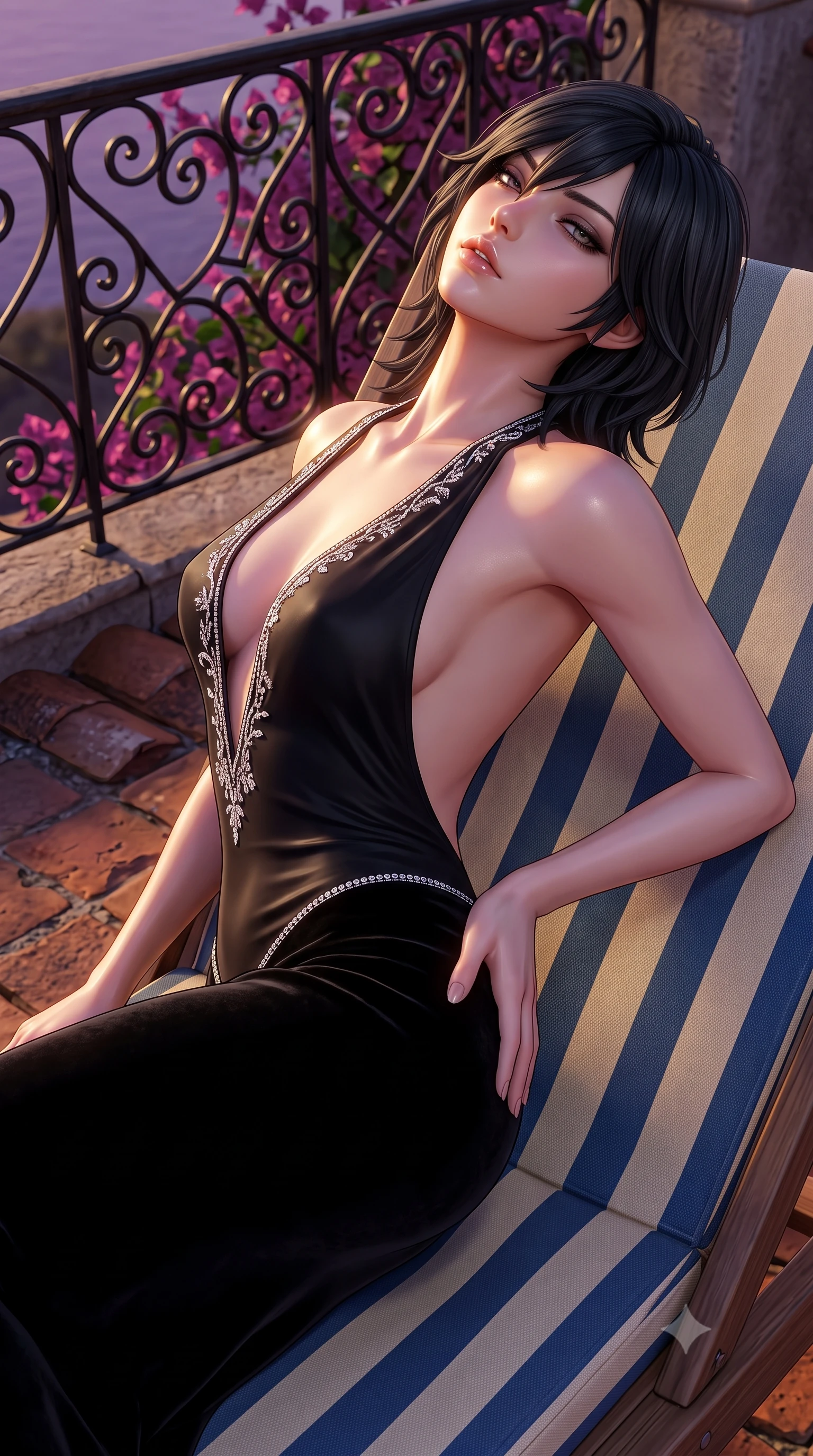 score_9, masterpiece, best quality, ultra-detailed, high-budget anime keyframe, semi-realistic 3D game render, editorial fashion photography, tasteful artistic composition, Caucasian woman. close-up cowboy shot from the waist and thighs up, the character dominates the composition, filling the frame with her large presence. arching her spine backward with effortless dancer poise, one hand sliding along her hip line as directional light carves specular highlights along her silhouette while lounging languidly across a striped canvas sunbed, her sculpted flat midriff and feminine hips highlighted by the warm cliffside twilight. The surrounding environment is rendered in vivid detail and crisp panoramic clarity. sharp wrought-iron railing scrollwork, weathered terracotta tiles, and bougainvillea petal venation in deep focus. She has an exceptionally elegant, slender, and willowy female figure with an ultra-slim waist, flat toned midriff, narrow ribcage, and sculpted feminine hips creating an alluring, slim hourglass silhouette without bulk. sharp v-shaped jawline, high-bridge nose, intricate jewel-like eyes with depth, thick eyelashes, glossy parted lips with a natural sheen, intensely captivating and seductive bedroom-eyes expression, flawlessly proportioned anatomical accuracy, strict slender model proportions, natural body alignment, perfectly sculpted long slender limbs, ultra-slim waistline, clean dynamic posture without body distortion. wearing a liquid-silk jersey evening gown with an ultra-deep plunging open back descending to the base of her spine and a sculpted hip-hugging skirt in pitch-black velvet with diamond crystal trim, made of fluid silk crepe with delicate inner corsetry boning, finished with delicate crystal frost embroidery tracing the plunging neckline, the second-skin form-contouring cut accentuating her sculpted flat midriff, narrow delicate ribcage, and gracefully curvy hips with supermodel precision. illuminated by glowing specular sun glints defining her sculpted collarbones, narrow waist, and curvy hips. highly saturated vibrant anime colors, detailed shading with soft gradients, rich glossy textures, high-contrast stereoscopic depth, volumetric dynamic lighting, master piece, 9:16 ratio