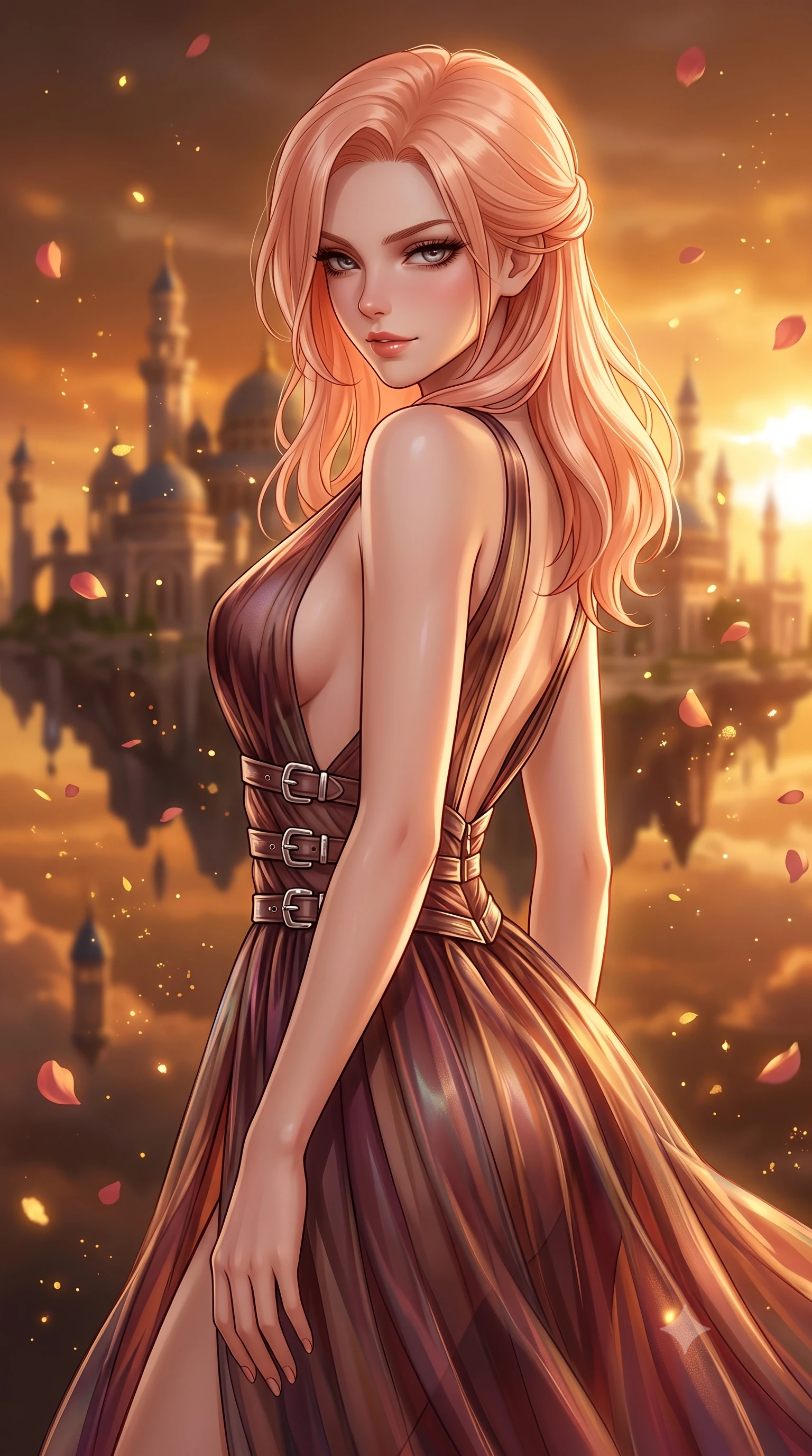 score_9, masterpiece, best quality, ultra-detailed, high-budget anime keyframe, editorial fashion photography, tasteful artistic composition, Japanese woman. close-up cowboy shot from the waist and thighs up, the character dominates the composition, filling the frame with her large presence, background elements kept in soft focus. Glancing sidelong over her shoulder with a smoldering half-smile and heavy lashes gazing out at a dreamlike palace archipelago suspended in golden hour light, floating rose petals and golden dust motes sparkling in the air. She has an exceptionally elegant, slender, and willowy female figure with an ultra-slim waist, a gracefully sculpted slender torso, and a refined silhouette. sharp v-shaped jawline, high-bridge nose, intricate jewel-like eyes with depth, thick eyelashes, glossy lips with a natural sheen. wearing a translucent iridescent chiffon gown with a plunging neckline and open back in deep burgundy and bronze, woven from fine semi-opaque sheer organza, detailed with polished silver buckles along the waistline, the elegant draped fit framing her graceful clavicle and slender torso. surrounded by a bright, luxurious aura of warm sunshine and sky reflections. highly saturated vibrant anime colors, detailed shading with soft gradients, rich glossy textures, high-contrast stereoscopic depth, volumetric dynamic lighting, master piece, 9:16 ratio