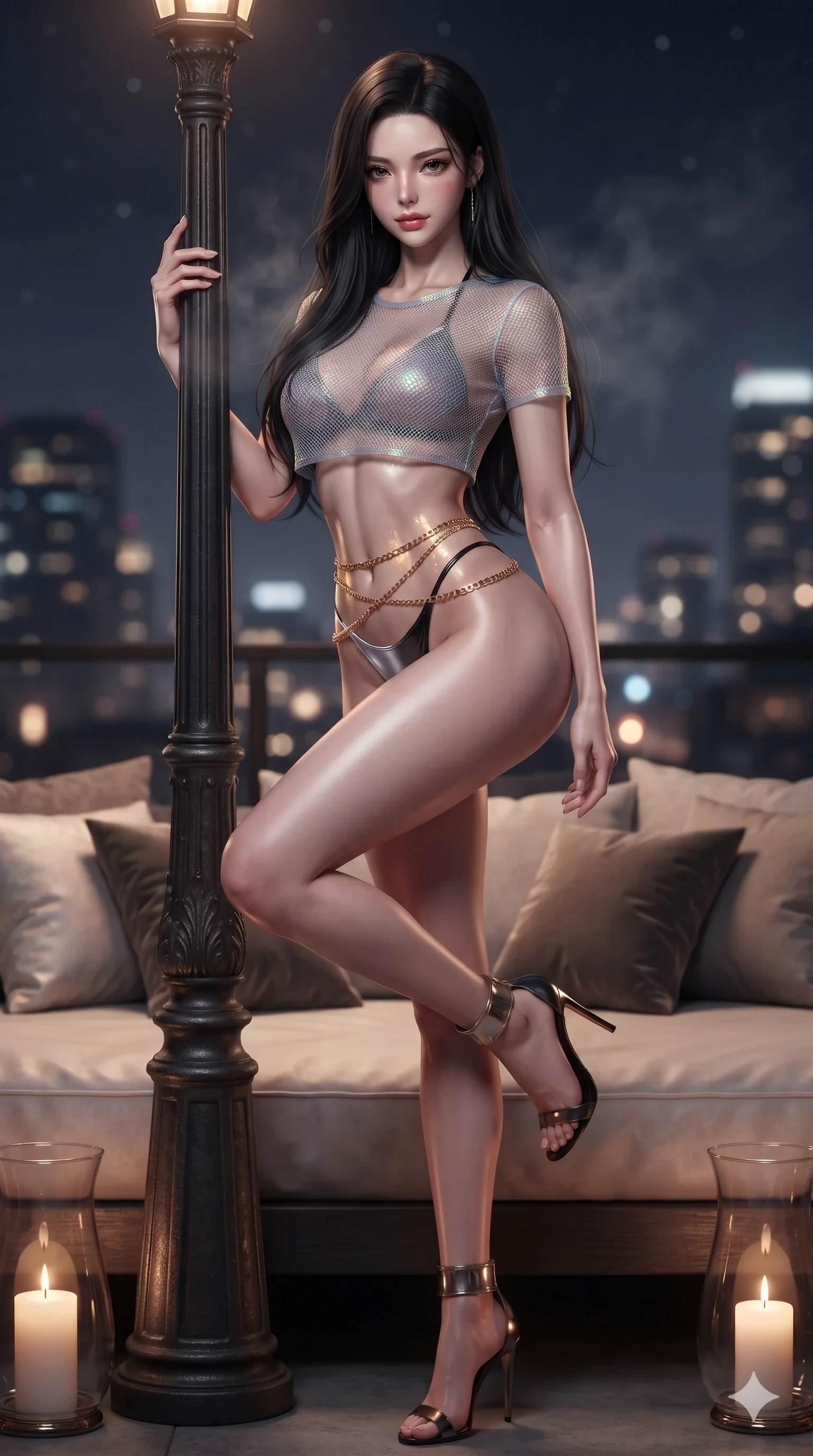 score_9, masterpiece, best quality, ultra-detailed, high-budget anime keyframe, editorial fashion photography, tasteful artistic composition, Korean woman. close-up cowboy shot from the waist and thighs up, the character dominates the composition, filling the frame with her large presence. leaning against a historic cast-iron lamppost with one knee bent, night mist drifting through her hair as her dark outfit traces her feminine curves while twisting her slender torso in an alluring S-curve across plush silk cushions, city lights reflecting off her flat midriff and hips. The background shows a soft-focus luxury open-air rooftop daybed lounge softened in skyline shallow focus. She has an exceptionally elegant, slender, and willowy female figure with an ultra-slim waist, flat toned midriff, narrow ribcage, and sculpted feminine hips creating an alluring, slim hourglass silhouette without bulk. sharp v-shaped jawline, high-bridge nose, intricate jewel-like dark sparkling eyes with dangerous depth, thick curled eyelashes, glossy parted lips with a rich wine sheen, smoldering seductive half-smile with bedroom-eyes, exuding effortless superiority and intoxicating dark allure, flawlessly proportioned anatomical accuracy, strict slender model proportions, natural body alignment, perfectly sculpted long slender limbs, ultra-slim waistline, clean dynamic posture without body distortion. wearing a translucent iridescent mesh swim crop top paired with high-cut string bikini bottoms and gold waist chains in metallic liquid silver and pitch black, made of supple butter-soft lambskin leather with a subtle satin sheen, complemented by strappy stiletto heels with metallic ankle cuffs accentuating her slender calves, the glove-like silhouette tightly following the natural contour of her hips and long slender legs with youthful 8.5-heads elegance. bathed in atmospheric ambient starlight and warm candlelight from glass hurricanes. ultra-reflective glossy finish, specular highlights, rich textural contrasts, high-contrast stereoscopic depth, volumetric dynamic lighting, 2k, ultra detail, master piece, 9:16 ratio
