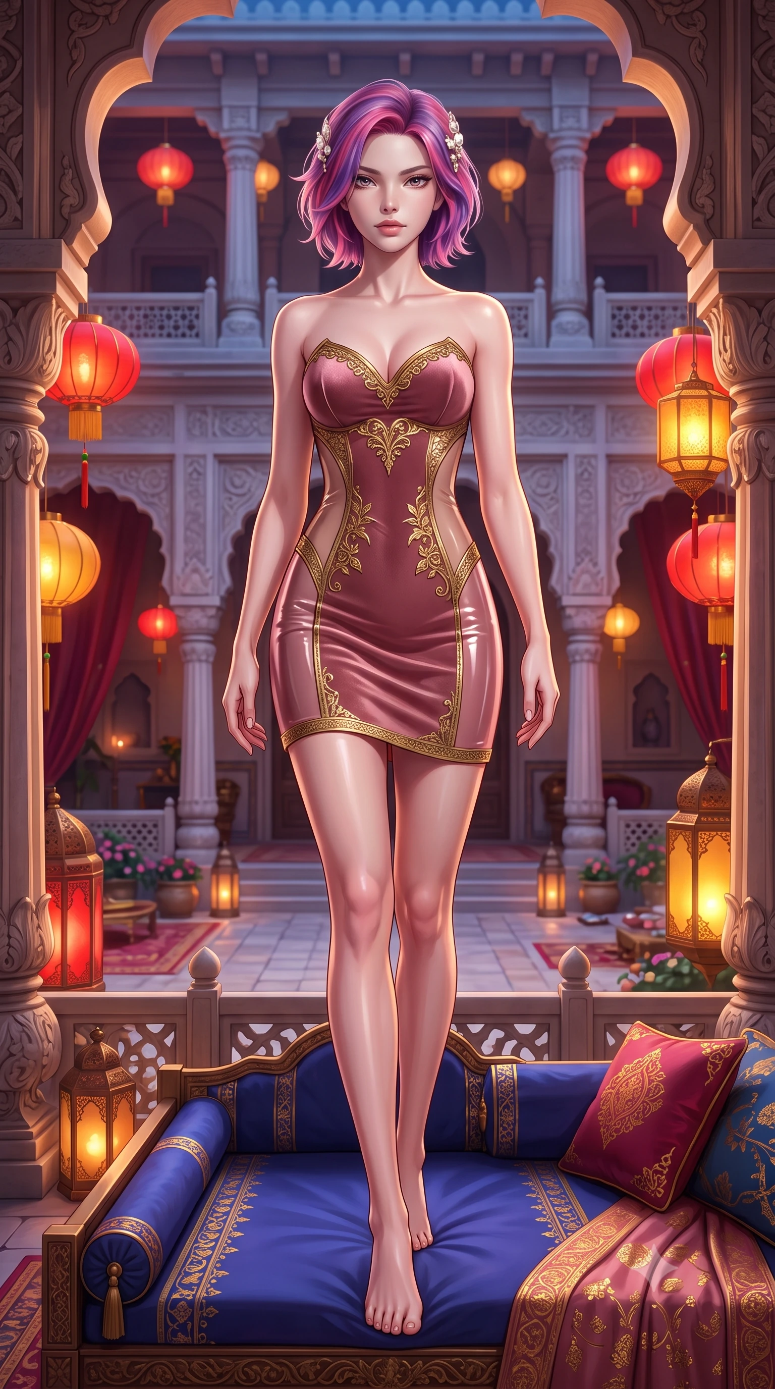 score_9, masterpiece, best quality, ultra-detailed, high-budget anime keyframe, semi-realistic 3D game render, editorial fashion photography, tasteful artistic composition, Caucasian woman. low angle full-body shot from head to toe showing her feet, filling the entire 9:16 vertical frame with her statuesque presence, stretching her vertical silhouette. stepping slowly toward the camera with hypnotic grace, hips swaying in an alluring sensual rhythm that accentuates her curvy hourglass silhouette and long slender legs while lounging across a low royal daybed placed on the terrace, her flat midriff and long slender limbs commanding the festive courtyard. The surrounding environment is rendered in vivid detail and crisp panoramic clarity: detailed gold-leaf stamped silk fabric, dewy skin highlights, and royal palace colonnade architecture in high resolution. She has an absolutely perfect, statuesque 8.5-heads proportion, an exceptionally tall and slender model-like female figure with impossibly long slender legs, an ultra-slim waist, a flat toned midriff, narrow delicate ribcage, and beautifully sculpted feminine hips creating a graceful, slim hourglass silhouette without any bulky heaviness. sharp v-shaped jawline, high-bridge nose, sparkling eyes with hypnotic seductive depth, thick curled eyelashes, glossy parted lips with a natural dewy peach sheen, alluring bedroom-eyes with an enchanting coquettish smile, exuding magnetic siren charisma and sophisticated glamour, flawlessly proportioned anatomical accuracy, strict slender model proportions, natural body alignment, perfectly sculpted long slender limbs, ultra-slim waistline, clean dynamic posture without body distortion. wearing a deep sweetheart-neckline velvet bodycon dress with sheer side-torso cutouts accentuating her hourglass curves in dusky blush rose and antique gold trims, crafted from wet-look high-gloss vinyl fabric with dazzling specular surface reflections, finished with delicate mother-of-pearl hairpin ornaments glinting in her dark glossy hair, the precision-cut side openings and low-back scoop framing her graceful spine and the sensual sweep of her slim, toned hips. bathed in the warm crimson-and-amber glow of ceremonial palace lanterns. highly saturated vibrant anime colors, detailed shading with soft gradients, rich glossy textures, high-contrast stereoscopic depth, volumetric dynamic lighting, master piece, 9:16 ratio