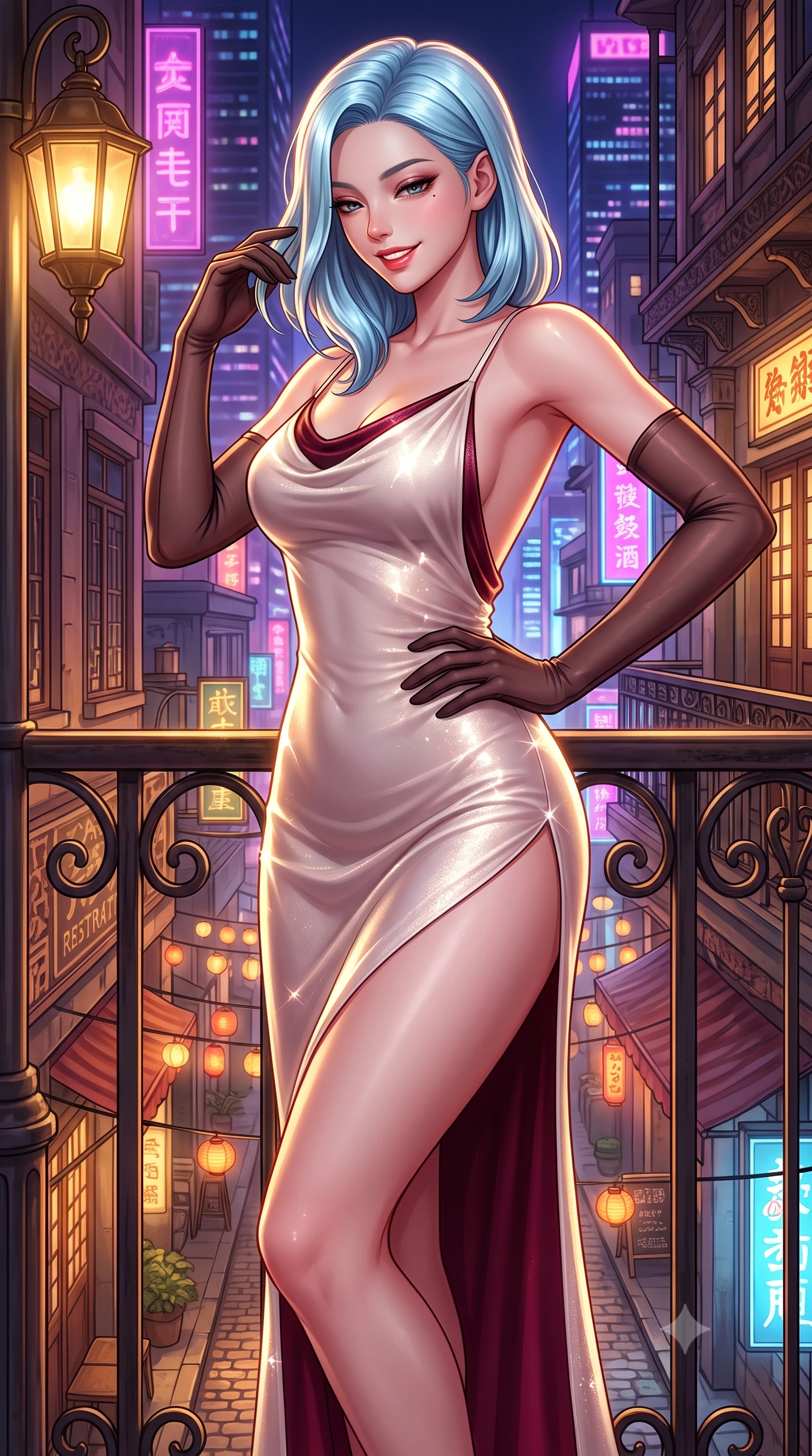 score_9, masterpiece, best quality, ultra-detailed, high-budget anime keyframe, semi-realistic 3D game render, editorial fashion photography, tasteful artistic composition, Korean woman. close-up cowboy shot from the waist and thighs up, the character dominates the composition, filling the frame with her large presence. twisting her slender torso in an alluring contrapposto stance, one hand resting on her sculpted hip while her fingers toy with her hair with effortless poise while leaning against the vintage wrought-iron balcony railing with hips cocked back, looking down at bustling lantern-lit alleys with smoldering bedroom-eyes. The surrounding environment is rendered in vivid detail and crisp panoramic clarity: detailed garment cut, fabric cling, and heritage restoration craft in razor-sharp precision. She has an exceptionally elegant, slender, and willowy female figure with an ultra-slim waist, flat toned midriff, narrow ribcage, and sculpted feminine hips creating an alluring, slim hourglass silhouette without bulk. sharp v-shaped jawline, high-bridge nose, intricate jewel-like sparkling eyes with depth, thick eyelashes, glossy parted lips with a natural peach sheen, bright cheerful beaming smile with an enchanting and coquettish sensual glint, exuding both youthful cute charm and seductive allure, flawlessly proportioned anatomical accuracy, strict slender model proportions, natural body alignment, perfectly sculpted long slender limbs, ultra-slim waistline, clean dynamic posture without body distortion. wearing a form-contouring gossamer silk chiffon slip dress with a hip-high slit and open cowl back clinging with dewy moisture in Belvedere ivory pearl and Habsburg bordeaux wine, woven from stretch metallic lurex jersey casting radiant starlight glints across her curves, complemented by sheer opera-length evening gloves tracing her slender arms, the second-skin tailored fabric adhering flawlessly to her sculpted flat midriff and slender torso, emphasizing her long leg lines and perfectly proportioned willowy build. bathed in the warm golden 2300K glow of vintage brass lamps mixed with electric magenta and sapphire city skyscraper reflections. highly saturated vibrant anime colors, detailed shading with soft gradients, rich glossy textures, high-contrast stereoscopic depth, volumetric dynamic lighting, master piece, 9:16 ratio