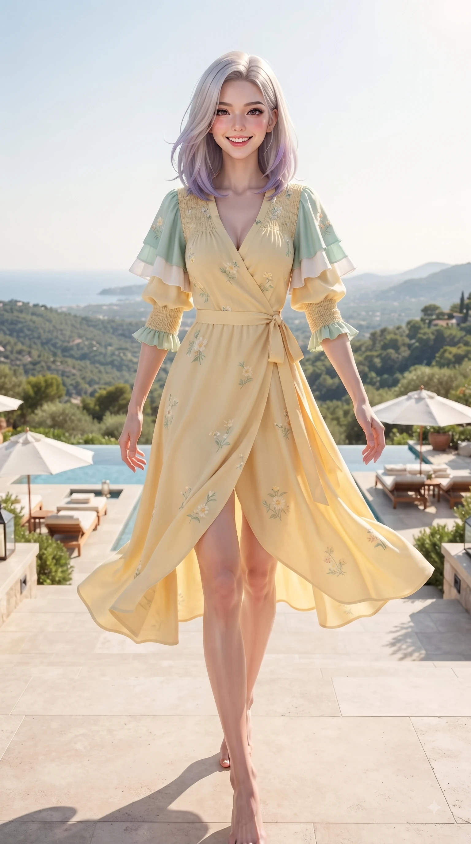 score_9, masterpiece, best quality, ultra-detailed, high-budget anime keyframe, editorial fashion photography, tasteful artistic composition, Caucasian woman. low angle full-body shot from head to toe showing her feet, filling the entire 9:16 vertical frame with her statuesque presence, stretching her vertical silhouette. walking forward in a proud dynamic stride with a cheerful beaming smile, her vertical silhouette filling the frame while pivoting dynamically on an open-air resort terrace with a breathtaking view of lush green hills. The surrounding environment is rendered in vivid detail and crisp panoramic clarity. scenic hill panoramas and poolside umbrella lounges rendered with rich environmental clarity. She has an absolutely perfect, statuesque 8.5-heads proportion, an exceptionally tall and slender model-like female figure with impossibly long slender legs and an ultra-slim waist. sharp v-shaped jawline, high-bridge nose, intricate jewel-like eyes with depth, thick eyelashes, glossy lips with a natural sheen, flawlessly proportioned anatomical accuracy, natural body alignment, perfectly sculpted elegant limbs, clean dynamic posture without body distortion. wearing an elegant butter-yellow wrap midi dress with subtle floral embroidery and flutter sleeves in refreshing mint green and crisp white, knitted from soft cozy cashmere yarn, accented with soft smocked details and fluttery cuffs, the soft airy drape swaying gracefully with her dynamic movements. surrounded by an exclusive, sun-drenched, and relaxing resort atmosphere. ultra-reflective glossy finish, specular highlights, metallic sheen, high-contrast stereoscopic depth, volumetric dynamic lighting, 2k, ultra detail, master piece, 9:16 ratio