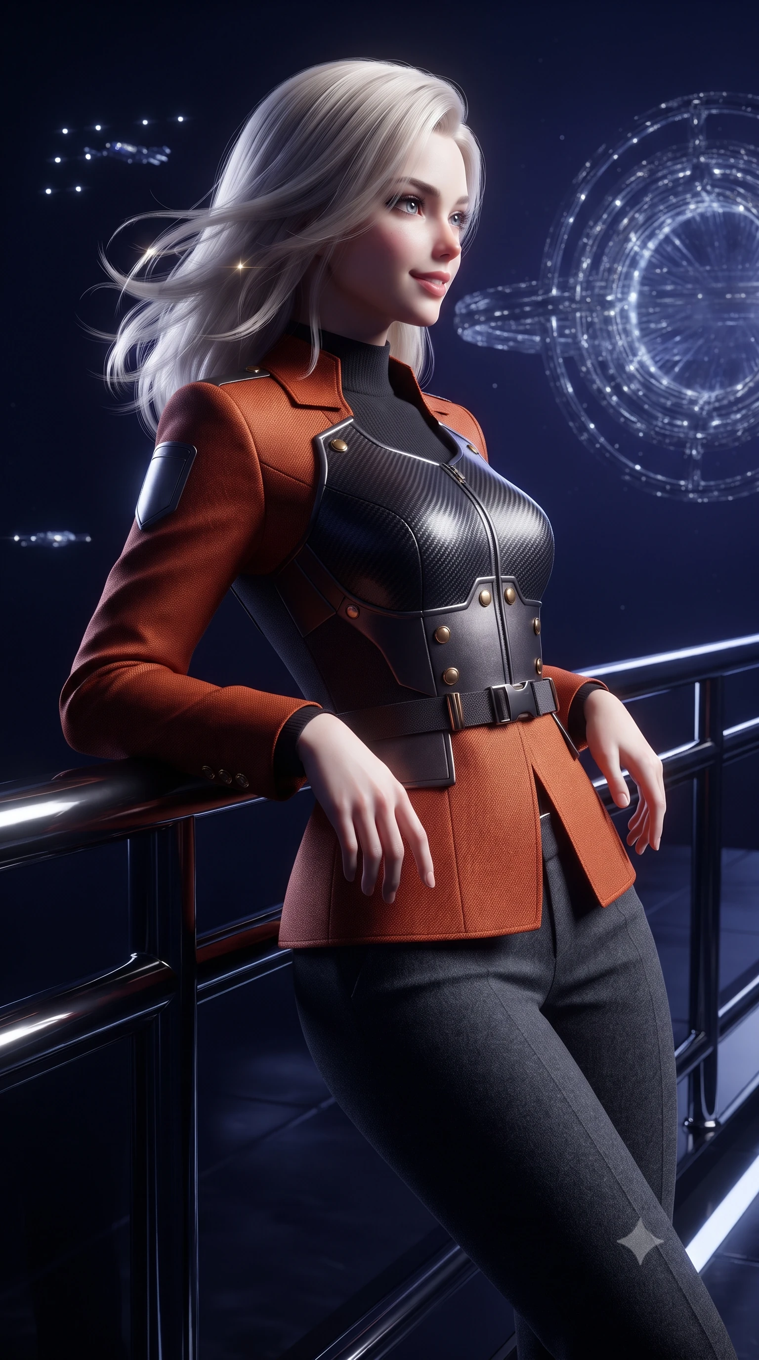 score_9, masterpiece, best quality, ultra-detailed, high-budget anime keyframe, editorial fashion photography, tasteful artistic composition, Caucasian woman. close-up cowboy shot from the waist and thighs up, the character dominates the composition, filling the frame with her large presence. turning slowly with an enchanting smoldering smile, her glossy hair tossing in the breeze as her hips angle gracefully in a captivating contrapposto while leaning against the black chrome balustrade with hips cocked back, looking through the deep indigo void at the shimmering hyperspace warp gate with intoxicating smoldering bedroom-eyes. The surrounding environment is rendered in vivid detail and crisp panoramic clarity: sharp black chrome balustrade reflections, crisp fleet formation beacon strobes, and razor-sharp hyperspace ring nodes in deep focus. She has an exceptionally elegant, slender, and willowy female figure with an ultra-slim waist, flat toned midriff, narrow ribcage, and sculpted feminine hips creating an alluring, slim hourglass silhouette without bulk. sharp v-shaped jawline, high-bridge nose, intricate jewel-like sparkling eyes with depth, thick eyelashes, glossy parted lips with a natural peach sheen, bright cheerful beaming smile with an enchanting and coquettish sensual glint, exuding both youthful cute charm and seductive allure, flawlessly proportioned anatomical accuracy, strict slender model proportions, natural body alignment, perfectly sculpted long slender limbs, ultra-slim waistline, clean dynamic posture without body distortion. wearing a structured cyber-infantry dress uniform jacket with carbon-fiber chest plating and brass buttons over a mock-neck top and tailored wool trousers in volcanic ember orange and brushed gunmetal, tailored from high-density tech-wool with subtle metallic thread weave, finished with sleek magnetic buckle closures fluttering in the breeze, the impeccably tailored cut draping gracefully along her slender figure with aristocratic poise. illuminated by dark obsidian deck bounce and sharp indigo-platinum rim lights defining her razor-sharp jawline, narrow waist, and curvy hips. ultra-reflective glossy finish, specular highlights, rich textural contrasts, high-contrast stereoscopic depth, volumetric dynamic lighting, 2k, ultra detail, master piece, 9:16 ratio