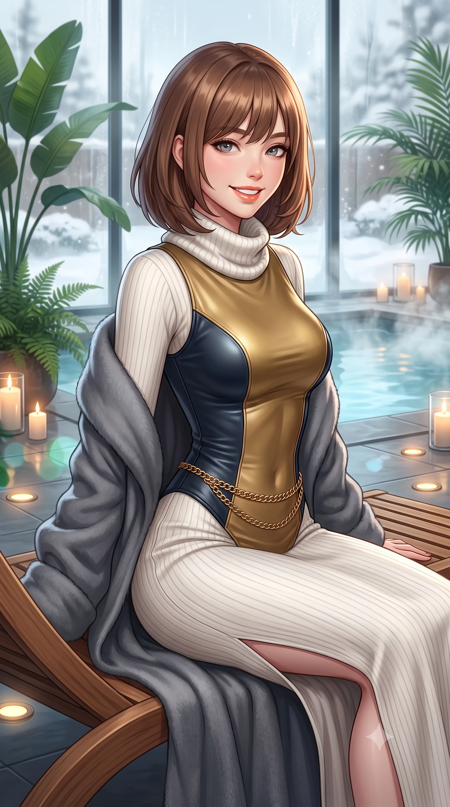score_9, masterpiece, best quality, ultra-detailed, high-budget anime keyframe, semi-realistic 3D game render, editorial fashion photography, tasteful artistic composition, Caucasian woman. close-up cowboy shot from the waist and thighs up, the character dominates the composition, filling the frame with her large presence. turning in an alluring three-quarter profile with head tilted, her glossy parted lips and jewel-like eyes catching the warm light while sitting gracefully on an ergonomic teak chaise lounge beside the thermal relaxation pool, wrapped in a plush cashmere robe coat with quiet luxury. The background shows a soft-focus steaming outdoor snow pools seen through glass, lush indoor banana palms and ferns, and soft candlelight blurred into jade, azure, and vaporous white bokeh. She has an exceptionally elegant, slender, and willowy female figure with an ultra-slim waist, flat toned midriff, narrow ribcage, and sculpted feminine hips creating an alluring, slim hourglass silhouette without bulk. sharp v-shaped jawline, high-bridge nose, intricate jewel-like sparkling eyes with depth, thick eyelashes, glossy parted lips with a natural peach sheen, bright cheerful beaming smile with an enchanting and coquettish sensual glint, exuding both youthful cute charm and seductive allure, flawlessly proportioned anatomical accuracy, strict slender model proportions, natural body alignment, perfectly sculpted long slender limbs, ultra-slim waistline, clean dynamic posture without body distortion. wearing a form-contouring ribbed knit bodycon maxi dress in snow ivory with a cozy high cowl-neck hugging every curve in Ginza vintage brass gold and midnight navy, crafted from buttery-soft stretch lambskin leather adhering to her body like a second skin, finished with a sleek gold chain belt resting snugly across her narrow waist and curving hips, the second-skin tailored fabric adhering flawlessly to her sculpted flat midriff and slender torso, emphasizing her long leg lines and perfectly proportioned willowy build. bathed in calm diffused winter daylight filtering through steamy glass panes combined with warm 2800K recessed floor lights. highly saturated vibrant anime colors, detailed shading with soft gradients, rich glossy textures, high-contrast stereoscopic depth, volumetric dynamic lighting, master piece, 9:16 ratio