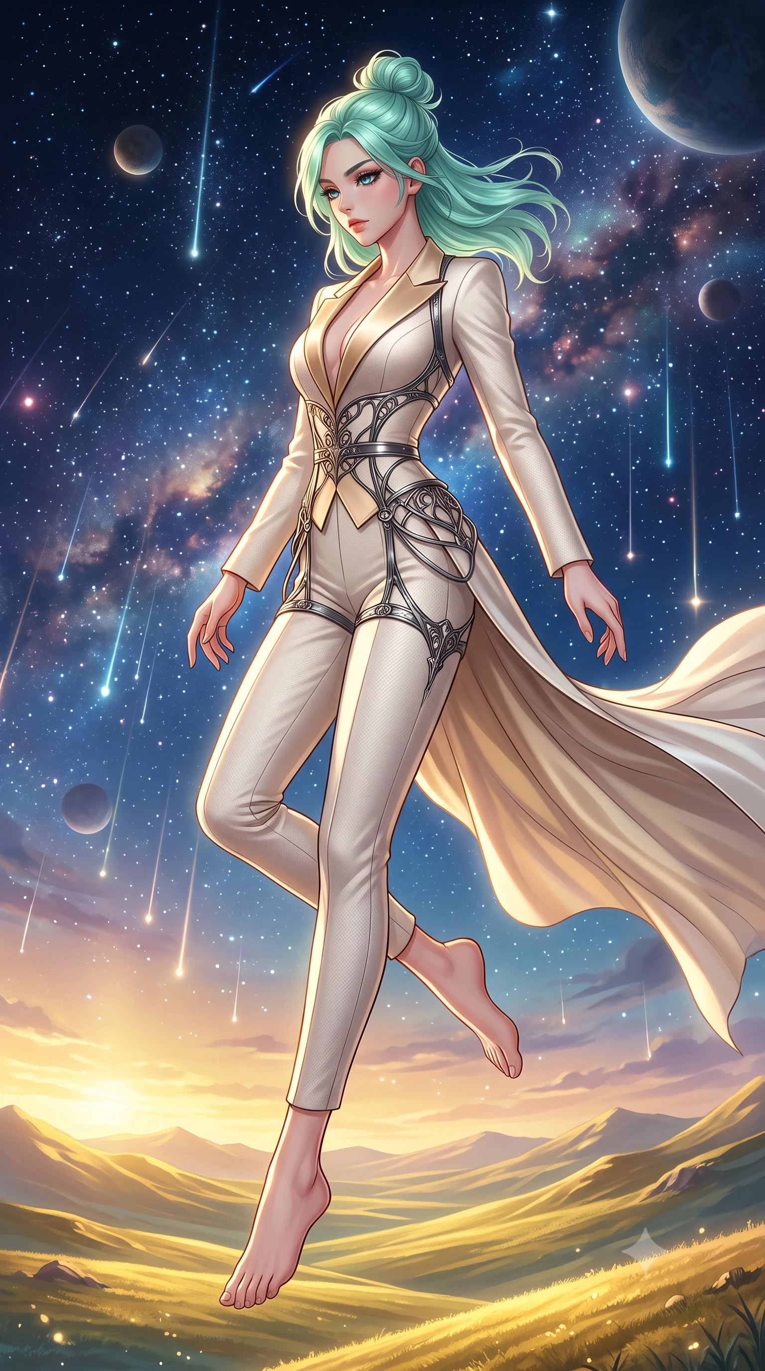 score_9, masterpiece, best quality, ultra-detailed, high-budget anime keyframe, editorial fashion photography, tasteful artistic composition, Japanese woman. low angle full-body shot from head to toe showing her feet, filling the entire 9:16 vertical frame with her statuesque presence, stretching her vertical silhouette. leaping dynamically through the starry space, her posture full of power and elegance, looking out over rolling golden hills as evening wind trails move her silk dress, form-contouring silk gown accentuating her slender torso and long legs. She has an absolutely perfect, statuesque 8.5-heads proportion, an exceptionally tall and slender model-like female figure with impossibly long slender legs and an ultra-slim waist. sharp v-shaped jawline, high-bridge nose, intricate jewel-like eyes with depth, thick eyelashes, glossy lips with a natural sheen. wearing tailored ivory tux dress with satin lapels and fitted waist in champagne gold, made of matte carbon-fiber weave, highlighted by a gunmetal metallic harness structure, highlighting her statuesque proportions and ultra-slim waistline. lit by clear golden key rays casting soft graceful shadows. highly saturated vibrant anime colors, detailed shading with soft gradients, rich glossy textures, high-contrast stereoscopic depth, volumetric dynamic lighting, master piece, 9:16 ratio