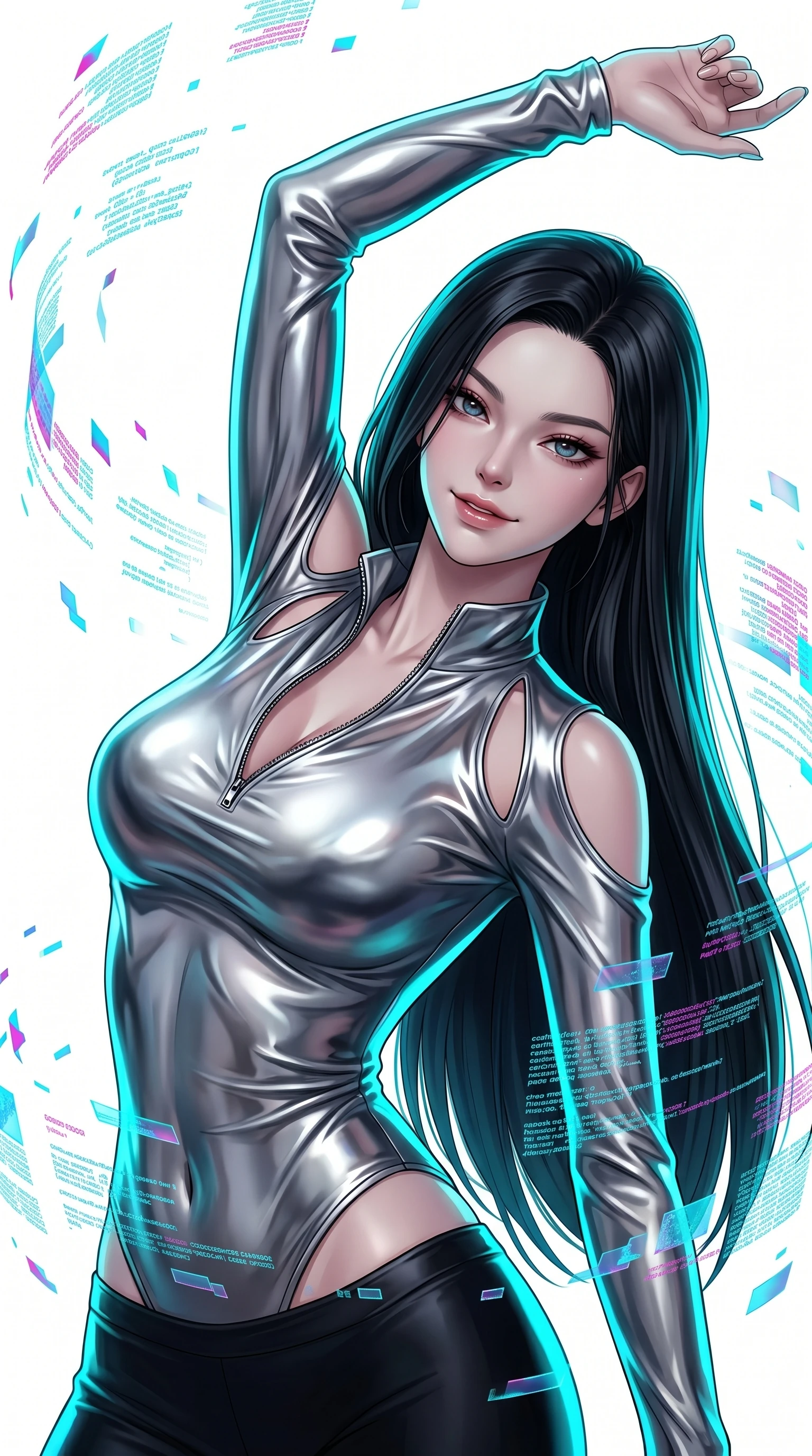 score_9, masterpiece, best quality, ultra-detailed, high-budget anime keyframe, Korean woman. Upper body close-up from the thighs up, character filling the screen for maximum presence. She is leaning back with a seductive, challenging smile amidst swirling holographic data shards in a brilliant white digital void. She stretches one arm overhead in a dynamic, fluid motion. She has an absolutely perfect 8-heads proportion, an exceptionally tall and slender female figure with impossibly long slender legs and an ultra-slim waist. V-shaped jawline, high-bridge nose, intricate jewel-like eyes with depth, thick eyelashes, glossy lips with a natural sheen. She is wearing a form-fitting top made of molten liquid-mercury fabric that clings to her curves, with strategic tear-drop shoulder cutouts and a dangerously unzipped front collar. The scene is illuminated by stark white key lights and a neon cyan rim light tracing her curves. 2k, ultra detail, master piece, 9:16 ratio