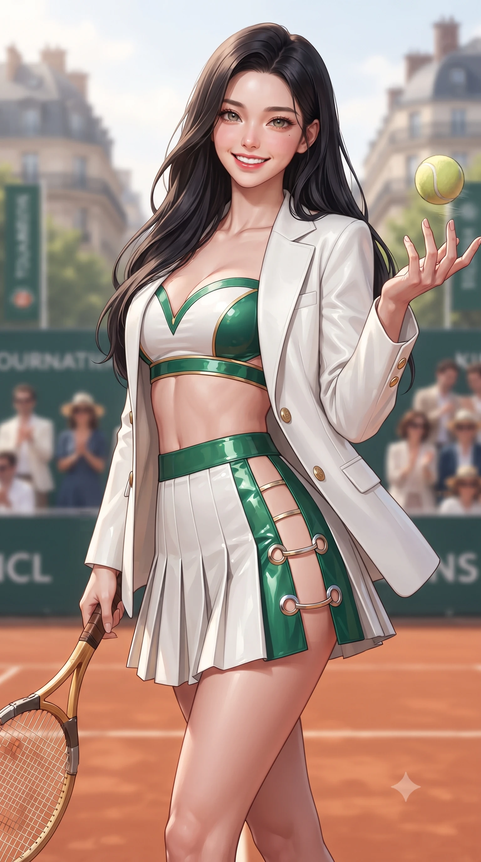 score_9, masterpiece, best quality, ultra-detailed, high-budget anime keyframe, editorial fashion photography, tasteful artistic composition, Korean woman. close-up cowboy shot from the waist and thighs up, the character dominates the composition, filling the frame with her large presence. playfully spinning a tennis ball on her fingertips, her radiant smile capturing fresh girlhood charm while her arched torso reveals an intoxicating hip contour while twisting her slender torso in an alluring contrapposto stance, holding a classic racket while warm Paris afternoon breezes flutter her skirt. The background shows a soft-focus chic French spectators and tournament banners softened in romantic Parisian tennis shallow focus. She has an exceptionally elegant, slender, and willowy female figure with an ultra-slim waist, flat toned midriff, narrow ribcage, and sculpted feminine hips creating an alluring, slim hourglass silhouette without bulk. sharp v-shaped jawline, high-bridge nose, sparkling eyes with athletic focus and depth, thick curled eyelashes, glossy parted lips with a natural coral-peach sheen, bright confident and coquettish smile with alluring bedroom-eyes, exuding both youthful sporty vigor and sovereign high-society glamour, flawlessly proportioned anatomical accuracy, strict slender model proportions, natural body alignment, perfectly sculpted long slender limbs, ultra-slim waistline, clean dynamic posture without body distortion. wearing a tailored white blazer worn open over a plunging racing bandeau top and pleated tennis micro-skirt in crisp Wimbledon white and British racing green with gold accents, made of high-gloss reflective patent leather with mirror-like specular highlights, finished with sharp laser-cut side ventilation cutouts framed by chrome rings, the glove-like aerodynamic silhouette tightly following the natural contour of her hips and long slender legs with youthful 8.5-heads elegance. illuminated by terracotta ground bounce fill and sharp warm-gold rim lighting defining her razor-sharp jawline, narrow waist, and curvy hips. ultra-reflective glossy finish, specular highlights, rich textural contrasts, high-contrast stereoscopic depth, volumetric dynamic lighting, 2k, ultra detail, master piece, 9:16 ratio