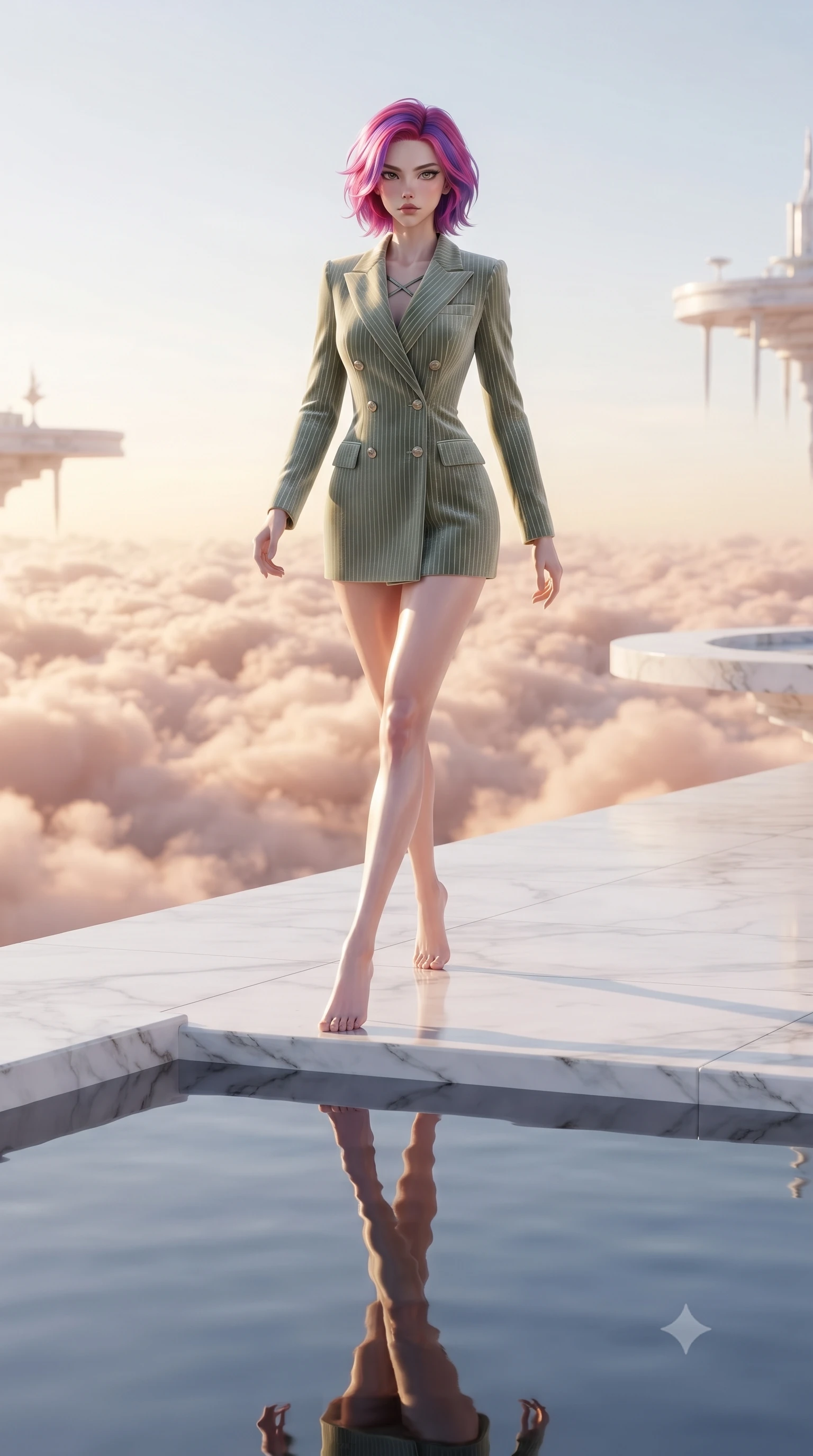score_9, masterpiece, best quality, ultra-detailed, high-budget anime keyframe, editorial fashion photography, tasteful artistic composition, Caucasian woman. low angle full-body shot from head to toe showing her feet, filling the entire 9:16 vertical frame with her statuesque presence, stretching her vertical silhouette. forging dynamically through the scene, her vertical silhouette beautifully stretched standing on a floating white marble terrace above a sea of rose-gold clouds, still pool waters reflecting her slender silhouette and the open sky. She has an absolutely perfect, statuesque 8.5-heads proportion, an exceptionally tall and slender model-like female figure with impossibly long slender legs and an ultra-slim waist. sharp v-shaped jawline, high-bridge nose, intricate jewel-like eyes with depth, thick eyelashes, glossy lips with a natural sheen. wearing a double-breasted blazer dress with metallic pin-stripes in sage green and oatmeal, made of premium stretch velvet with a rich sheen, complemented by criss-cross back straps highlighting her bare shoulders, the form-contouring material highlighting her ultra-slim waist and long lines. lit by brilliant warm key light softening into smooth, elegant gradients. ultra-reflective glossy finish, specular highlights, metallic sheen, high-contrast stereoscopic depth, volumetric dynamic lighting, 2k, ultra detail, master piece, 9:16 ratio