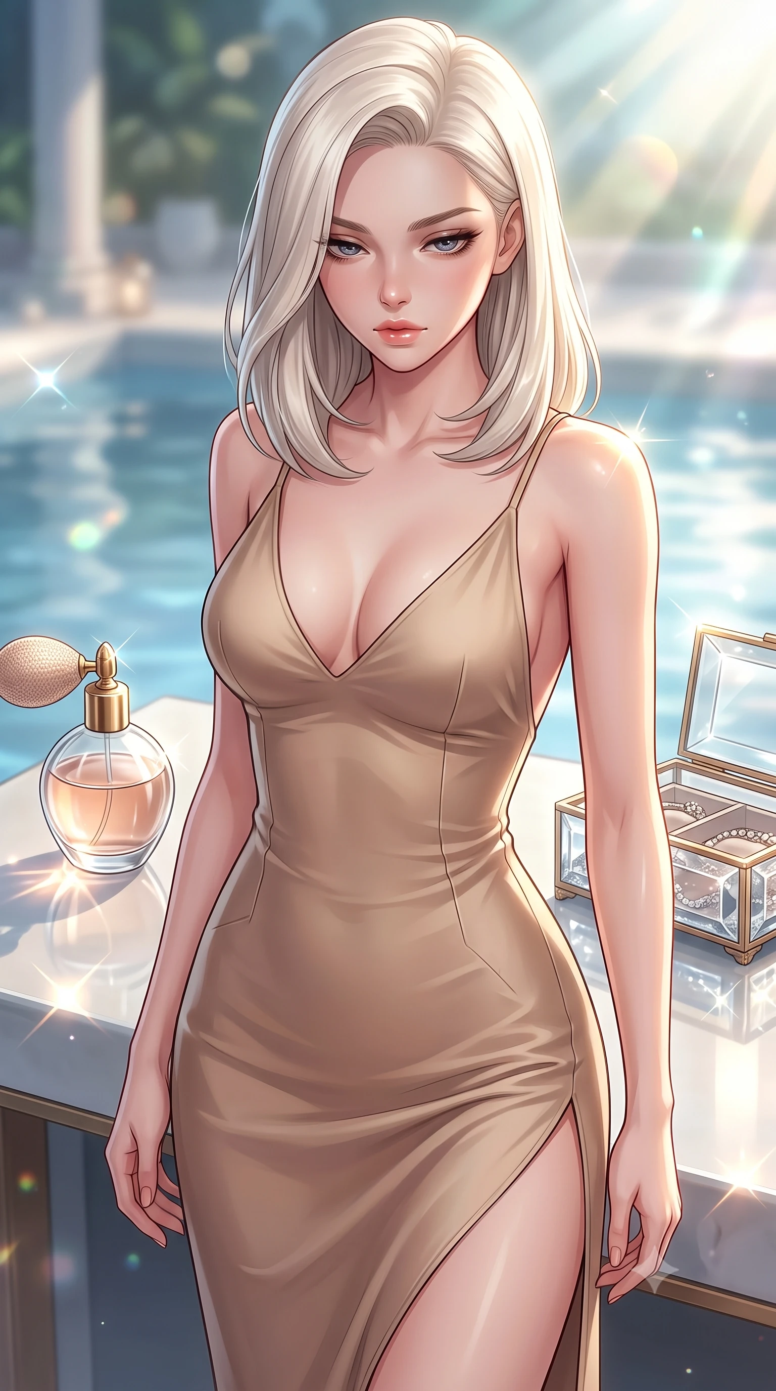 score_9, masterpiece, best quality, ultra-detailed, high-budget anime keyframe, editorial fashion photography, tasteful artistic composition, Caucasian woman. close-up cowboy shot from the waist and thighs up, the character dominates the composition, filling the frame with her large presence, background elements kept in soft focus. looking down at the viewer beneath lowered lashes with a quiet, smoldering confidence and parted lips set against a soft-focus background of inside an exclusive private spa pavilion with a vintage perfume atomizer and crystal jewelry box reflecting soft light. She has an exceptionally elegant, slender, and willowy female figure with an ultra-slim waist, a gracefully sculpted slender torso, and a refined silhouette. sharp v-shaped jawline, high-bridge nose, intricate jewel-like eyes with depth, thick eyelashes, glossy lips with a natural sheen. wearing form-contouring warm beige matte silk open-back silk slip dress featuring a deep V-neckline and a leg-lengthening side slit featuring refined tailored seams. lit by crisp morning sun rays creating sparkling glints on polished glass and water. highly saturated vibrant anime colors, detailed shading with soft gradients, rich glossy textures, high-contrast stereoscopic depth, volumetric dynamic lighting, master piece, 9:16 ratio