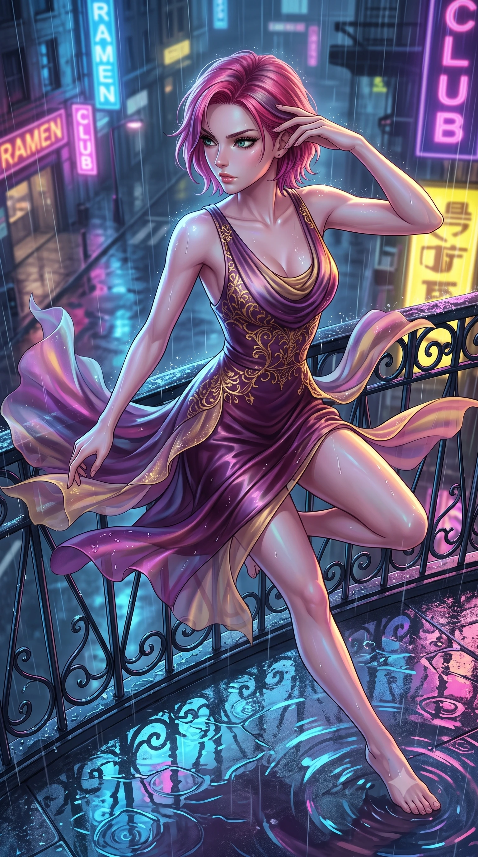 score_9, masterpiece, best quality, ultra-detailed, high-budget anime keyframe, editorial fashion photography, tasteful artistic composition, Caucasian woman. close-up cowboy shot from the waist and thighs up, the character dominates the composition, filling the frame with her large presence, background elements kept in soft focus. Resting her fingers gracefully near her temple, casting a sharp mysterious side-gaze during her stride while leaping across a rain-slicked balcony as wet asphalt below reflects city lights, fluttering lightweight attire catching the high-altitude rainy wind. She has an exceptionally elegant, slender, and willowy female figure with an ultra-slim waist, a gracefully sculpted slender torso, and a refined silhouette. sharp v-shaped jawline, high-bridge nose, intricate jewel-like eyes with depth, thick eyelashes, glossy lips with a natural sheen, flawlessly proportioned anatomical accuracy, natural body alignment, perfectly sculpted elegant limbs, clean dynamic posture without body distortion. wearing an elegant cowl-neck satin midi dress with a graceful draped neckline in plum purple and gold filigree, crafted from iridescent chiffon that shifts colors in the light, complemented by criss-cross back straps highlighting her bare shoulders, the tailored fabric tightly following every curve of her athletic build. drenched in wet neon reflections with brilliant specular highlights on her silhouette. highly saturated vibrant anime colors, detailed shading with soft gradients, rich glossy textures, high-contrast stereoscopic depth, volumetric dynamic lighting, master piece, 9:16 ratio