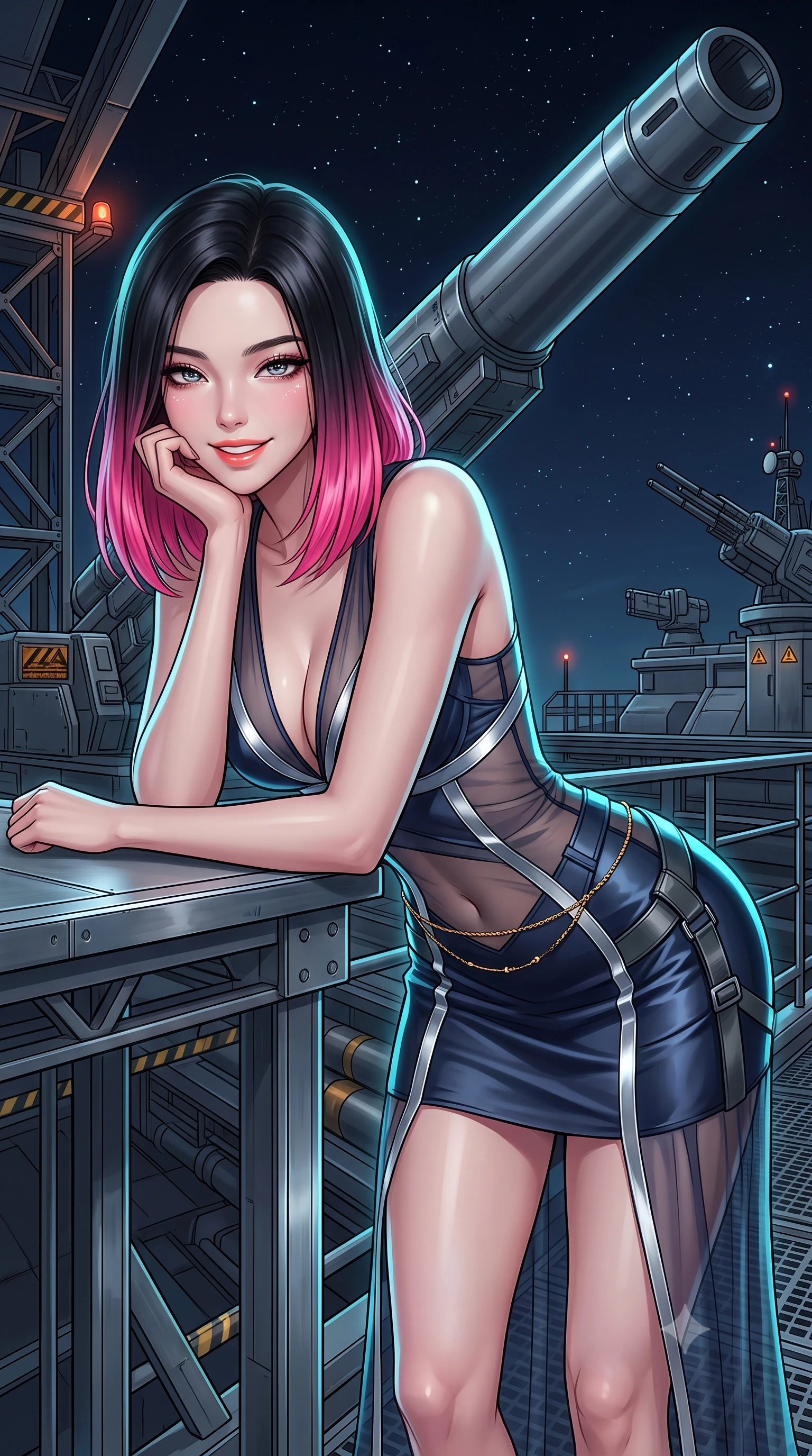 score_9, masterpiece, best quality, ultra-detailed, high-budget anime keyframe, semi-realistic 3D game render, editorial fashion photography, tasteful artistic composition, Korean woman. close-up cowboy shot from the waist and thighs up, the character dominates the composition, filling the frame with her large presence. resting one elbow on the table and supporting her chin, leaning close to the camera with heavy-lidded sparkling eyes and parted lips while standing poised on the maintenance gantry beside the monumental 100-meter railgun barrel pointed into the stars, arching her lower back with sovereign diva charisma. The surrounding environment is rendered in vivid detail and crisp panoramic clarity: detailed anime keyframe lines, rich fabric textures, and monumental space defense weapon architecture in razor-sharp precision. She has an exceptionally elegant, slender, and willowy female figure with an ultra-slim waist, flat toned midriff, narrow ribcage, and sculpted feminine hips creating an alluring, slim hourglass silhouette without bulk. sharp v-shaped jawline, high-bridge nose, intricate jewel-like sparkling eyes with depth, thick eyelashes, glossy parted lips with a natural peach sheen, bright cheerful beaming smile with an enchanting and coquettish sensual glint, exuding both youthful cute charm and seductive allure, flawlessly proportioned anatomical accuracy, strict slender model proportions, natural body alignment, perfectly sculpted long slender limbs, ultra-slim waistline, clean dynamic posture without body distortion. wearing a plunge-front sheer illusion tulle combat slip dress with liquid platinum ribbon stripes hugging her curves in midnight carbon navy and polished chrome, crafted from fluid liquid silk satin that clings smoothly to her narrow waist and rounded hips with a dewy sheen, accented with a dainty gold belly chain resting across her flat midriff and curving hips, the glove-like clinging cut tightly following the natural contour of her hips and long slender legs with youthful 8.5-heads elegance. illuminated by titanium deck reflection bounce and sharp electric-cyan rim lights sculpting her jawline, narrow waist, and curvy hips. highly saturated vibrant anime colors, detailed shading with soft gradients, rich glossy textures, high-contrast stereoscopic depth, volumetric dynamic lighting, master piece, 9:16 ratio
