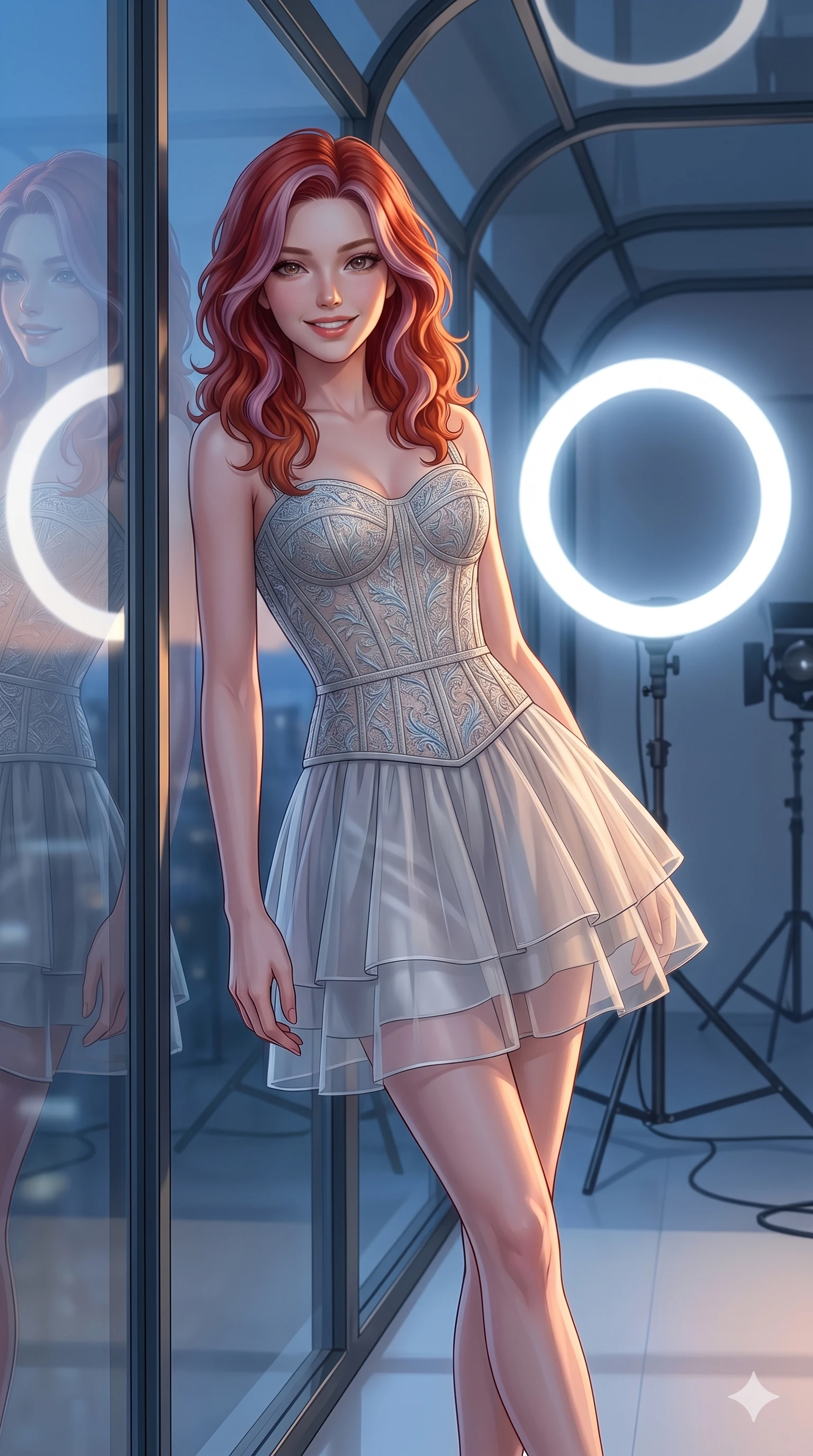 score_9, masterpiece, best quality, ultra-detailed, high-budget anime keyframe, editorial fashion photography, tasteful artistic composition, Caucasian woman, strictly human ears. cowboy shot from the thighs up, character and outfit filling the frame for maximum editorial presence. leaning against the glass tunnel wall, looking at the viewer with a smile inside a professional photo studio with a large white ring light (Code-P18-163). She has an absolutely perfect 8-heads proportion, an exceptionally tall and slender female figure with impossibly long slender legs and an ultra-slim waist. V-shaped jawline, high-bridge nose, intricate jewel-like eyes with depth, thick eyelashes, glossy lips with a natural sheen. wearing a fine patterned embroidery structured bodice top paired with a translucent skirt. soft blue twilight glow mixed with warm window light, tracing her jawline and nose. 2k, ultra detail, master piece, 9:16 ratio