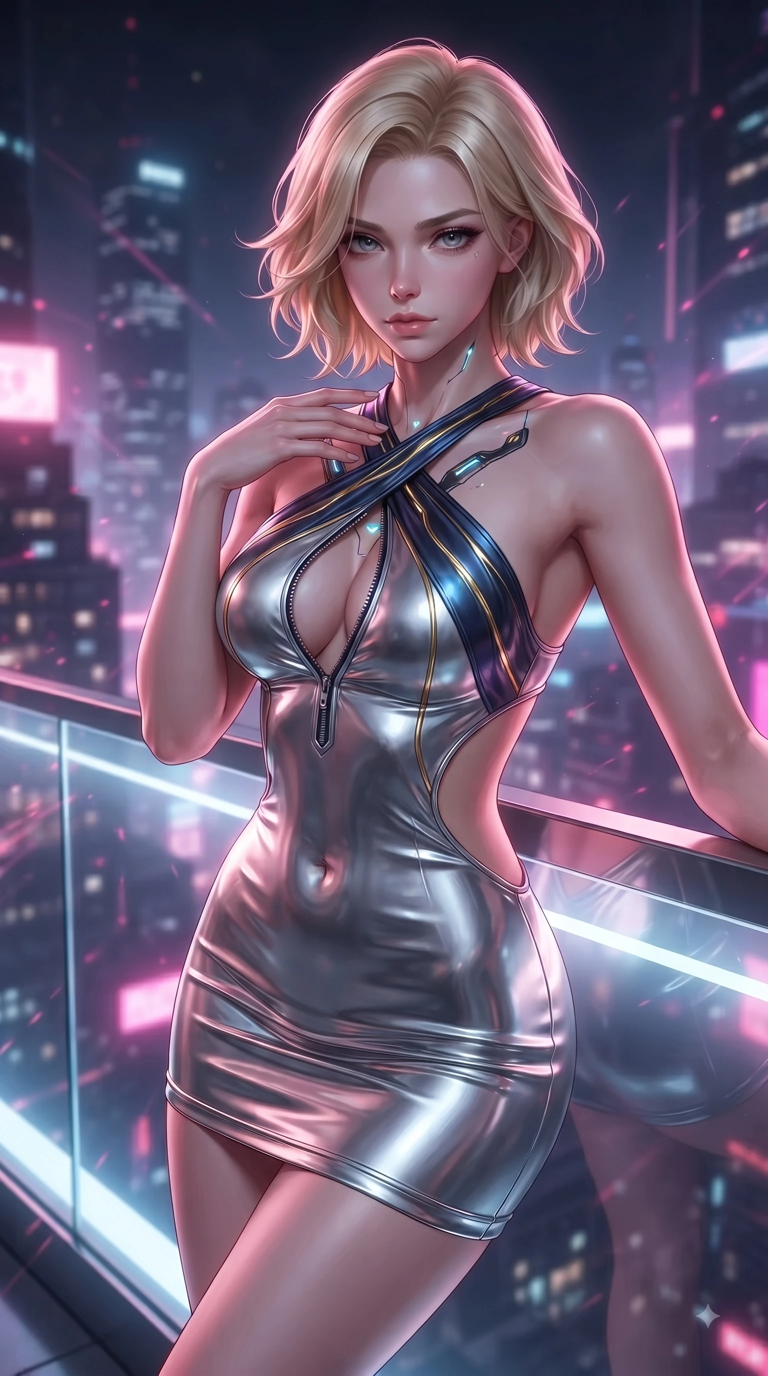 score_9, masterpiece, best quality, ultra-detailed, high-budget anime keyframe, editorial fashion photography, tasteful artistic composition, Caucasian woman. close-up cowboy shot from the waist and thighs up, the character dominates the composition, filling the frame with her large presence. leaning forward with a dangerous, enticing smolder, resting one hand near her collarbone while casting a fiery, magnetic direct gaze while leaning dangerously against a sleek rooftop railing overlooking an infinite neon-lit metropolis. The composition keeps background elements in soft focus with creamy bokeh. pink neon fog and streaming particle trails blurred smoothly into a breathtaking backdrop. She has an exceptionally elegant, slender, and willowy female figure with an ultra-slim waist, a gracefully sculpted slender torso, and a refined silhouette. sharp v-shaped jawline, high-bridge nose, intricate jewel-like eyes with depth, thick eyelashes, glossy lips with a natural sheen, flawlessly proportioned anatomical accuracy, natural body alignment, perfectly sculpted elegant limbs, clean dynamic posture without body distortion. wearing a molten silver liquid-metal mini dress featuring deep side-waist cutouts and a daring crossover halter neckline in midnight sapphire blue and glowing gold filaments, made of liquid metal jersey that clings flawlessly to every contour of her build, featuring a dangerously unzipped neckline framed by glowing cybernetic accents, the form-contouring second-skin material highlighting her ultra-slim waist and long lines. surrounded by a dizzying, windswept, and exhilarating high-altitude sensual aura. ultra-reflective glossy finish, specular highlights, metallic sheen, high-contrast stereoscopic depth, volumetric dynamic lighting, 2k, ultra detail, master piece, 9:16 ratio