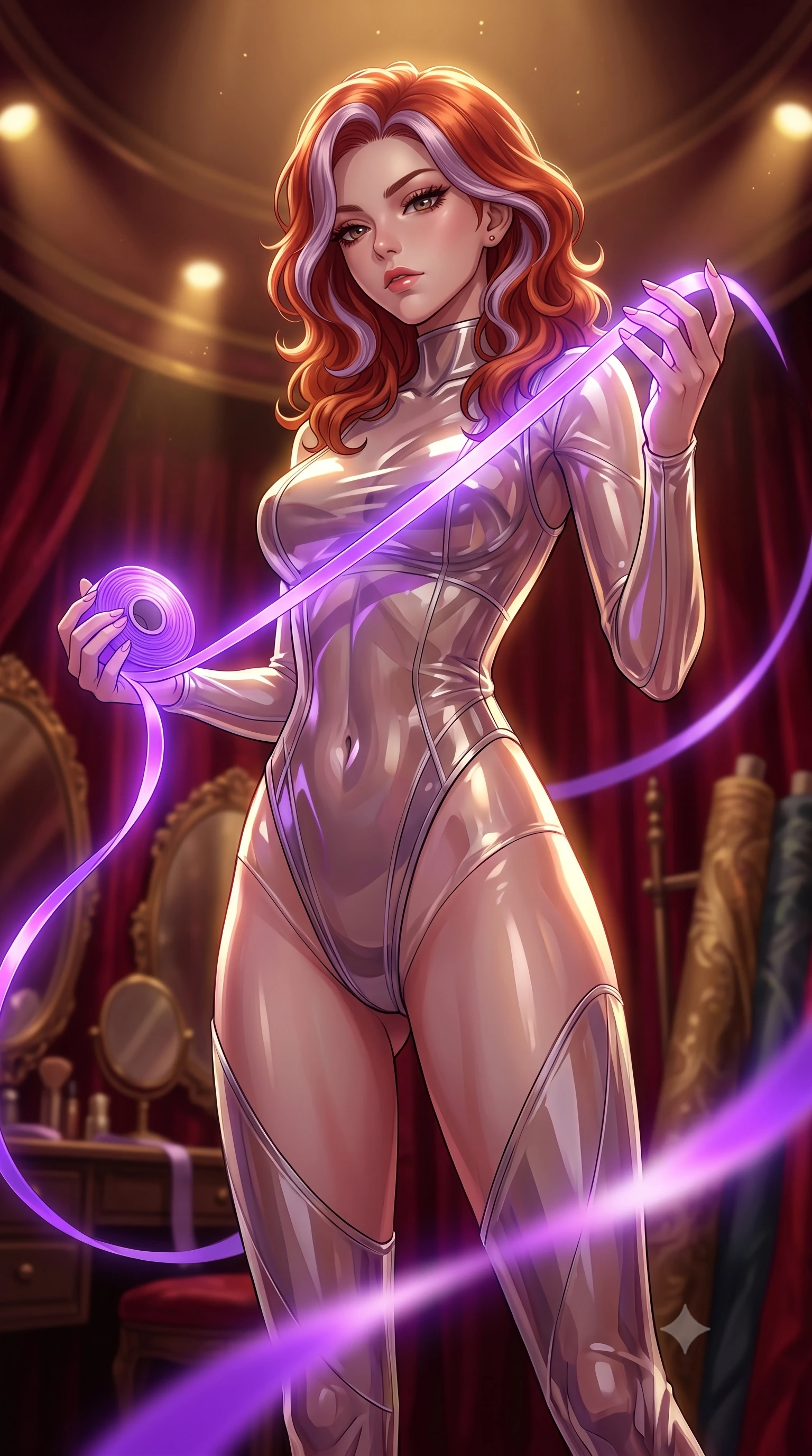 score_9, masterpiece, best quality, ultra-detailed, High-budget Anime Keyframe, Caucasian woman, strictly human ears. Low angle cowboy shot filling the entire 9:16 frame with her statuesque presence. Scenario 389: unravelling a spool of glowing violet ribbon in a velvet-lined dressing room illuminated by soft golden spotlights. Her presence is magnetic and overpowering in this high-budget anime scene. Outfit 389: a form-contouring translucent PVC liquid with a high-cut leg line and translucent layers. The clothing is designed to emphasize her exceptionally tall and slender 8-heads proportion. 8-heads proportion, towering silhouette, ultra-slim waist. sharp v-shaped jawline, intricate jewel-like eyes with depth, thick eyelashes, glossy lips. 2k, ultra detail, master piece, 9:16 ratio