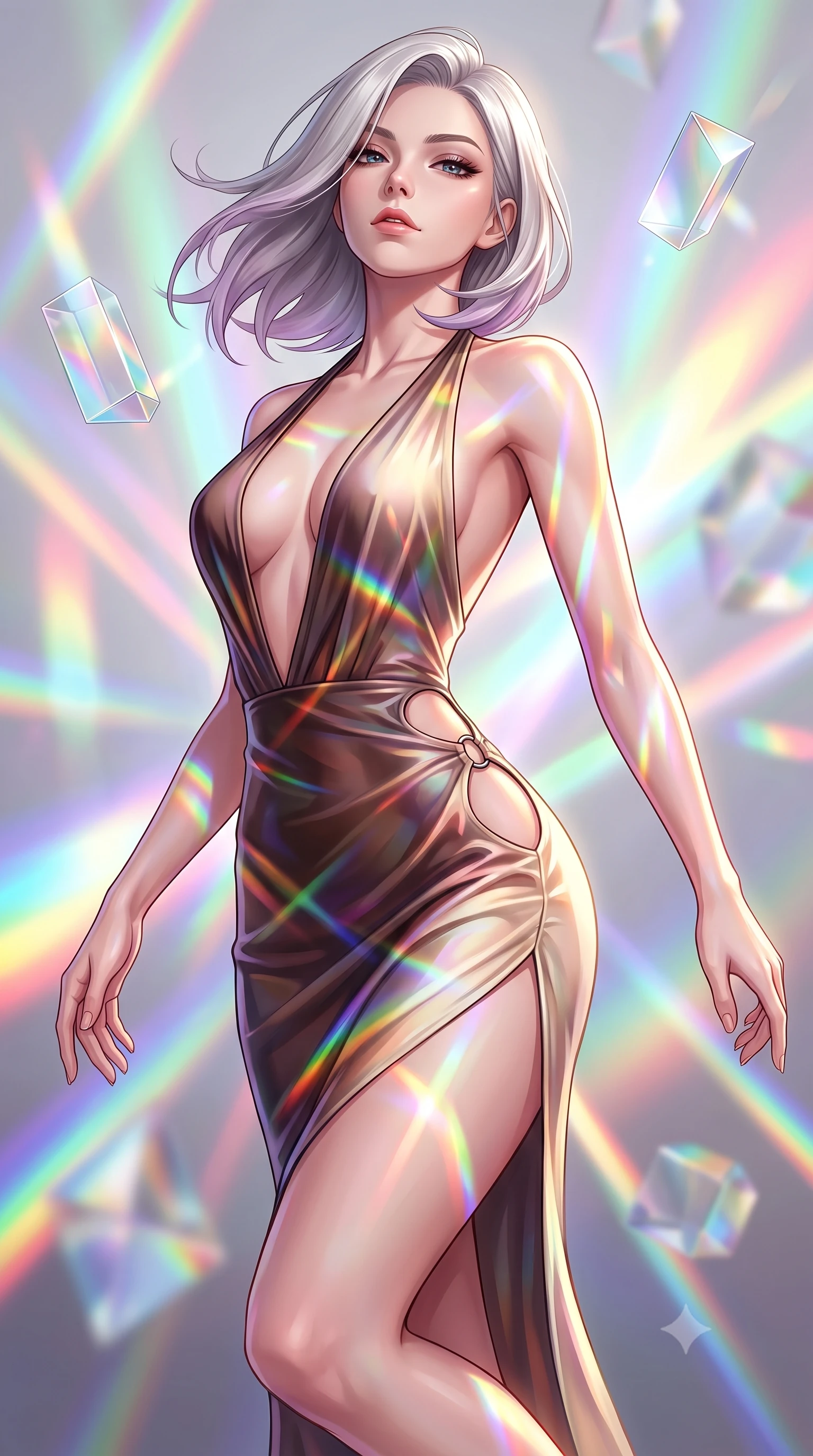 score_9, masterpiece, best quality, ultra-detailed, high-budget anime keyframe, editorial fashion photography, tasteful artistic composition, Caucasian woman. close-up cowboy shot from the waist and thighs up, the character dominates the composition, filling the frame with her large presence, background elements kept in soft focus. Tilting her chin up with an air of effortless superiority while balancing dynamically amidst the scene while pivoting gracefully mid-air as multi-color light refraction trails follow her movement, a kaleidoscope of refractions forming geometric laser patterns across her form. She has an exceptionally elegant, slender, and willowy female figure with an ultra-slim waist, a gracefully sculpted slender torso, and a refined silhouette. sharp v-shaped jawline, high-bridge nose, intricate jewel-like eyes with depth, thick eyelashes, glossy lips with a natural sheen, flawlessly proportioned anatomical accuracy, natural body alignment, perfectly sculpted elegant limbs, clean dynamic posture without body distortion. wearing a deep-scoop halter bodycon dress with hip cutouts connected by silver rings in espresso brown and warm cream, crafted from iridescent chiffon that shifts colors in the light, finished with a sleek side slit ascending to mid-thigh, the form-contouring material highlighting her ultra-slim waist and long lines. bathed in brilliant multi-color rainbow light refracting through floating glass prisms. highly saturated vibrant anime colors, detailed shading with soft gradients, rich glossy textures, high-contrast stereoscopic depth, volumetric dynamic lighting, master piece, 9:16 ratio
