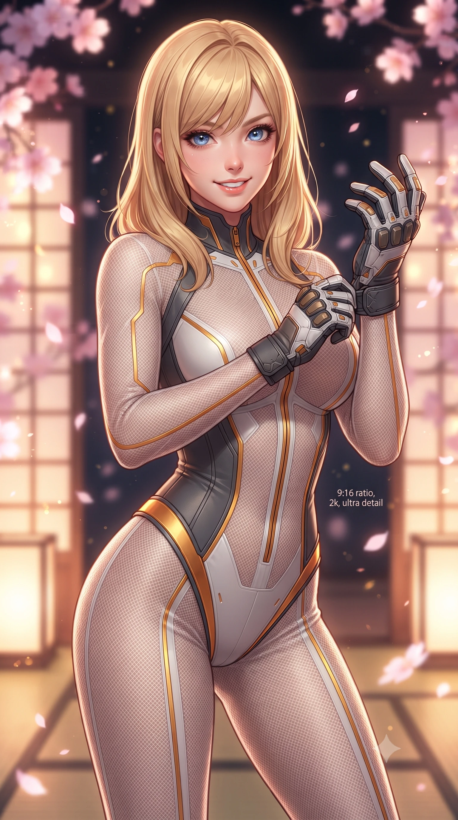 score_9, masterpiece, best quality, ultra-detailed, high-budget anime keyframe, editorial fashion photography, tasteful artistic composition, Caucasian woman. close-up cowboy shot from the waist and thighs up, the character dominates the composition, filling the frame with her large presence. adjusting her tactical glove with cool confidence, her bright smile capturing fresh girlhood charm while her arched torso reveals an intoxicating hip contour while standing poised beside a glowing holographic cherry blossom tree with hips cocked back, looking into the camera with bedroom-eyes. The background shows a soft-focus drifting holographic pink sakura blossoms and glowing digital shoji screens blurred into cherry blossom pink, gold, and midnight black bokeh. She has an exceptionally elegant, slender, and willowy female figure with an ultra-slim waist, flat toned midriff, narrow ribcage, and sculpted feminine hips creating an alluring, slim hourglass silhouette without bulk. sharp v-shaped jawline, high-bridge nose, intricate jewel-like sparkling eyes with depth, thick eyelashes, glossy parted lips with a natural sheen, bright confident smile with an enchanting and coquettish sensual glint, exuding both youthful magnetic charm and sovereign high-tech allure, flawlessly proportioned anatomical accuracy, strict slender model proportions, natural body alignment, perfectly sculpted long slender limbs, ultra-slim waistline, clean dynamic posture without body distortion. wearing a form-fitting white-and-gold zero-gravity EVA jumpsuit with an ultra-slim corseted waist and exposed clavicle line in stealth charcoal slate and molten laser orange, crafted from sheer technical cyber-lace reinforced with ultra-thin Kevlar threads, finished with delicate carbon-fiber boning framing the narrow waistline, the form-fitting tactical tailoring adhering flawlessly to her sculpted flat midriff and slender torso, emphasizing her long leg lines and perfectly proportioned willowy build. illuminated by floor light panels and sharp rose-gold rim lighting sculpting her razor-sharp jawline, narrow waist, and curvy hips. ultra-reflective glossy finish, specular highlights, rich textural contrasts, high-contrast stereoscopic depth, volumetric dynamic lighting, 2k, ultra detail, master piece, 9:16 ratio