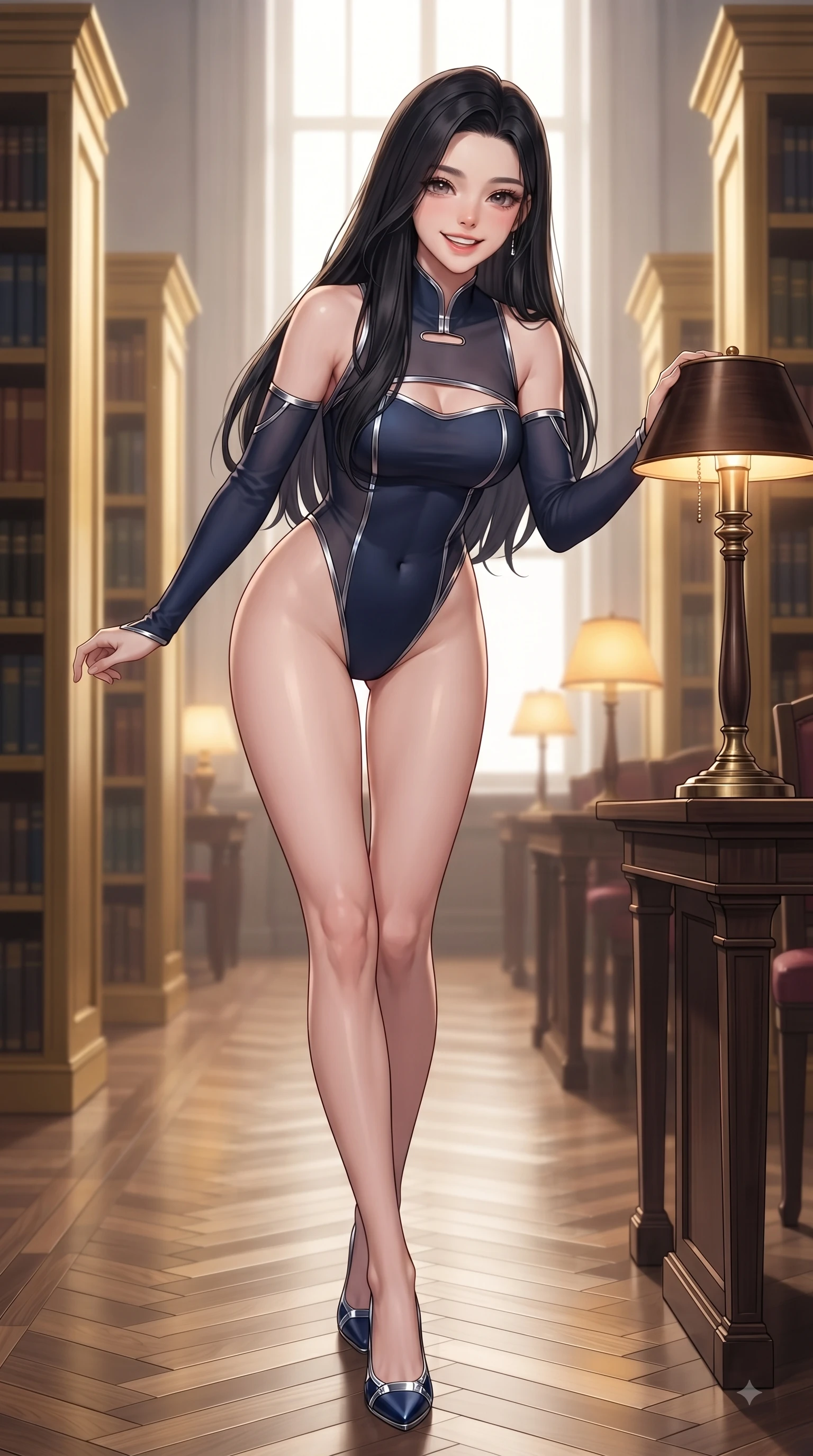 score_9, masterpiece, best quality, ultra-detailed, high-budget anime keyframe, editorial fashion photography, tasteful artistic composition, Korean woman. close-up cowboy shot from the waist and thighs up, the character dominates the composition, filling the frame with her large presence, background elements kept in soft focus. Cheerful beaming smile with sparkling eyes and a fresh girlhood aura, leaning forward with playful grace while walking down a polished parquet aisle flanked by tall golden bookcases with a joyful grin, polishing dark wood and brass reading lamps reflecting warm chiaroscuro light. She has an exceptionally elegant, slender, and willowy female figure with an ultra-slim waist, a gracefully sculpted slender torso, and a refined silhouette. sharp v-shaped jawline, high-bridge nose, intricate jewel-like eyes with depth, thick eyelashes, glossy lips with a natural sheen, flawlessly proportioned anatomical accuracy, natural body alignment, perfectly sculpted elegant limbs, clean dynamic posture without body distortion. wearing an asymmetrical high-cut tech-bodysuit with detached sleeves in midnight navy blue and chrome trim, woven from fine semi-opaque sheer organza, accented with a Tasteful chest slit framing her clavicle gracefully, the glove-like fit emphasizing her statuesque silhouette during motion. illuminated by soft glowing amber desk lamps and majestic window highlights. ultra-reflective glossy finish, specular highlights, metallic sheen, high-contrast stereoscopic depth, volumetric dynamic lighting, 2k, ultra detail, master piece, 9:16 ratio