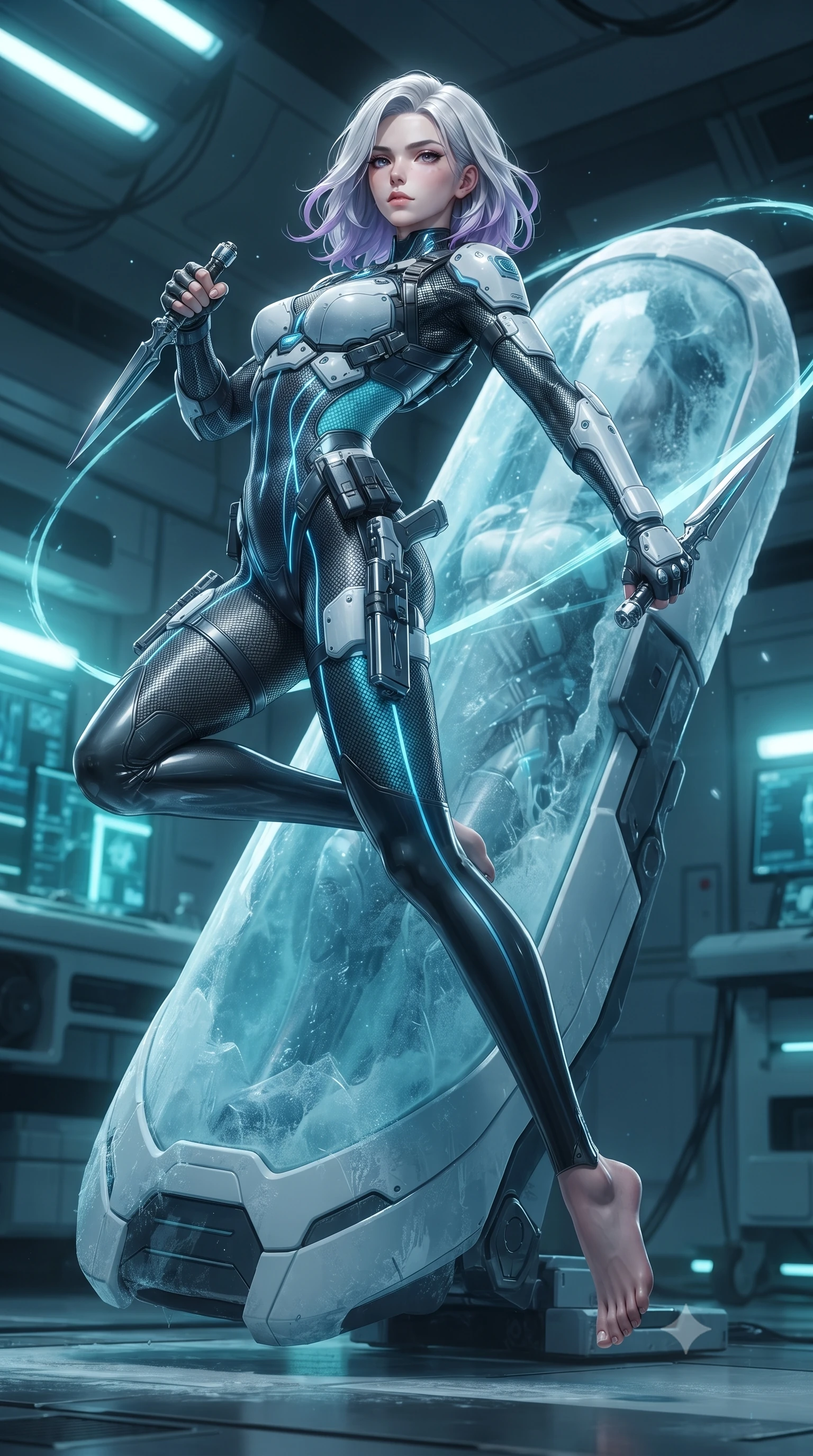 score_9, masterpiece, best quality, ultra-detailed, high-budget anime keyframe, editorial fashion photography, tasteful artistic composition, Caucasian woman. low angle full-body shot from head to toe showing her feet, filling the entire 9:16 vertical frame with her statuesque presence, stretching her vertical silhouette. arching her back gracefully in mid-air during a dynamic combat vault, her weapon energy trail framing her statuesque presence while resting against a frozen stasis pod with the spear grounded, casting a cool, smoldering gaze through ice-crystal mist. The surrounding environment is rendered in vivid detail and crisp panoramic clarity. high-contrast arctic chiaroscuro and sleek high-tech laboratory ruin captured with precision. She has an absolutely perfect, statuesque 8.5-heads proportion, an exceptionally tall and slender model-like female figure with impossibly long slender legs, a toned flat midriff, and an ultra-slim waist. sharp v-shaped jawline, high-bridge nose, intricate jewel-like eyes with depth, thick eyelashes, glossy lips with a natural sheen, flawlessly proportioned anatomical accuracy, strict slender model proportions, natural body alignment, perfectly sculpted long slender limbs, ultra-slim waistline, clean dynamic posture without body distortion. wearing an aerodynamic dark titanium carbon-mesh jumper with glowing blue fiber lines, holding twin chrome vibro-daggers with deadly supermodel poise in glacial ice-cyan carbon mesh with pure white armor plates, made of lightweight aerodynamic carbon-titanium alloy with polished edge bevels, detailed with magnetic weapon holsters and polished chrome connection clasps, the liquid-tight tailored fabric emphasizing every curve of her tall, slender model proportions and sculptured silhouette during dynamic movement. bathed in glowing cyan cryo-energy spear radiance and cool white emergency strobe lighting. ultra-reflective glossy finish, specular highlights, dark metallic sheen, high-contrast stereoscopic depth, volumetric dynamic lighting, 2k, ultra detail, master piece, 9:16 ratio