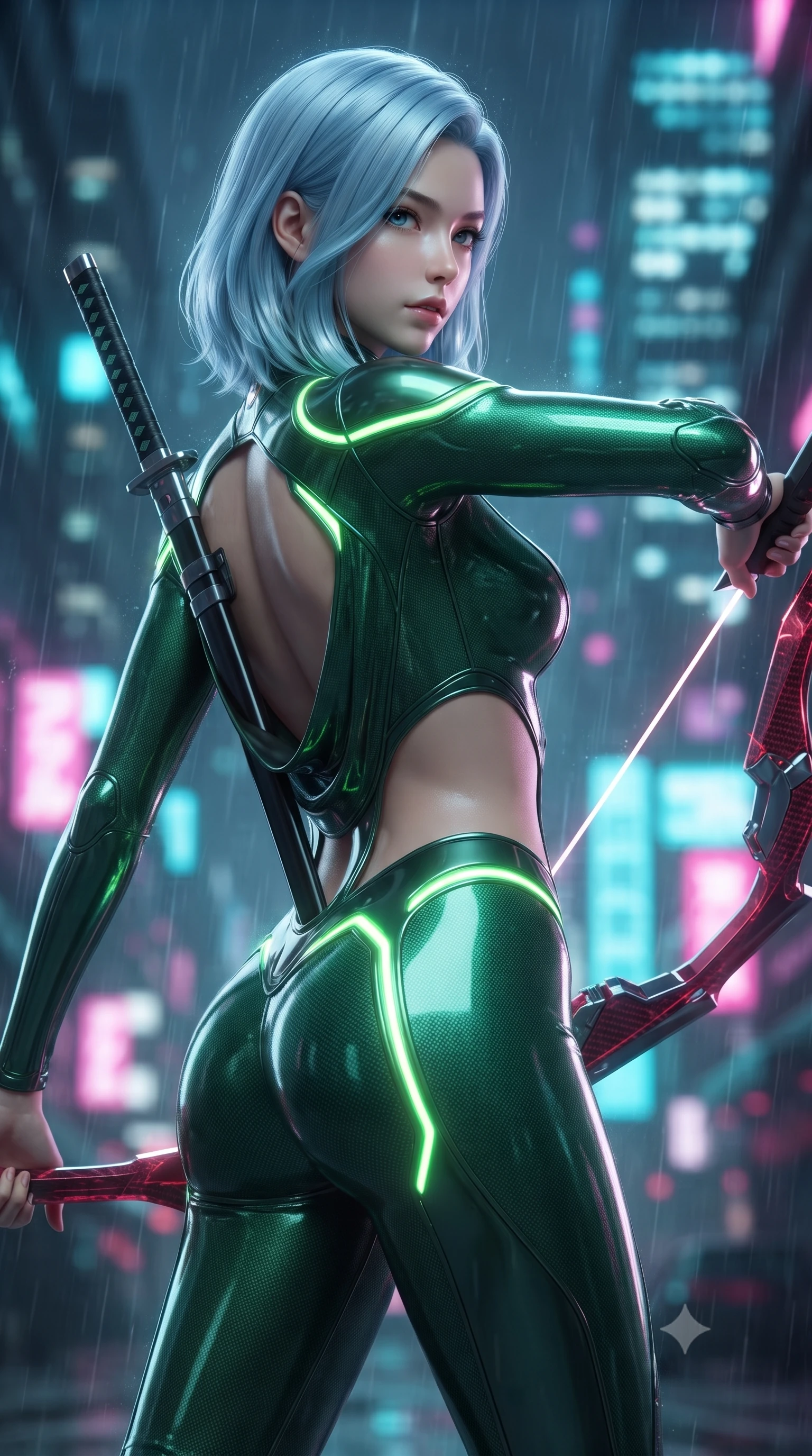 score_9, masterpiece, best quality, ultra-detailed, high-budget anime keyframe, editorial fashion photography, tasteful artistic composition, Korean woman. close-up cowboy shot from the waist and thighs up, the character dominates the composition, filling the frame with her large presence. stretching forward with an alluring arch of her spine, glancing over her shoulder with divine self-assurance and magnetic intensity while sheathing her sleek plasma katana with effortless supermodel poise while casting a sovereign, captivating direct gaze into the lens. The composition keeps background elements in soft focus with creamy bokeh. heavy neon rain streaks and distant skyscraper light grids blurred into dazzling cyan, magenta, and charcoal bokeh. She has an exceptionally elegant, slender, and willowy female figure with an ultra-slim waist, a gracefully sculpted slender torso, toned flat midriff, and a refined slim silhouette. sharp v-shaped jawline, high-bridge nose, intricate jewel-like eyes with depth, thick eyelashes, glossy lips with a natural sheen, flawlessly proportioned anatomical accuracy, strict slender model proportions, natural body alignment, perfectly sculpted long slender limbs, ultra-slim waistline, clean dynamic posture without body distortion. wearing a tailored emerald-green carbon-fiber tactical jumpsuit with glowing lime LED channels and an open cowl back, drawing a floating holographic photon energy bow with supreme grace in deep crimson carbon weave with specular dark chrome accents, tailored from flexible second-skin carbon-mesh that clings flawlessly to her athletic curves, accented with glowing fiber-optic conduits tracing her collarbones and hip curves, the sleek second-skin cut tightly hugging her graceful clavicle, narrow waist, and feminine curves with athletic precision. illuminated by crisp white key lighting with sharp specular highlights tracing her sculpted carbon armor curves. ultra-reflective glossy finish, specular highlights, dark metallic sheen, high-contrast stereoscopic depth, volumetric dynamic lighting, 2k, ultra detail, master piece, 9:16 ratio